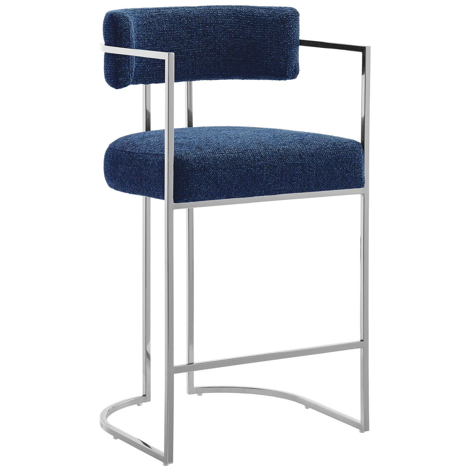 Navy barrel-back counter stool with integrated arms and chrome-finished frame || EEI-7227-SLV-NAV || front_angle_studio
