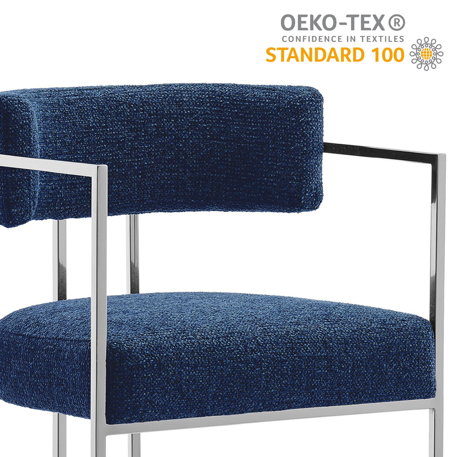 OEKO-TEX Standard 100 certified fabric on a supportive, modern counter stool || EEI-7227-SLV-NAV || callout_studio