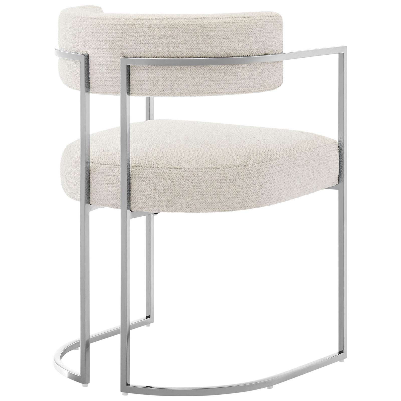 Rear view of modern barrel chair showcasing floating backrest, textured upholstery, and slim metal base || EEI-7228-SLV-CRE || back_angle_studio