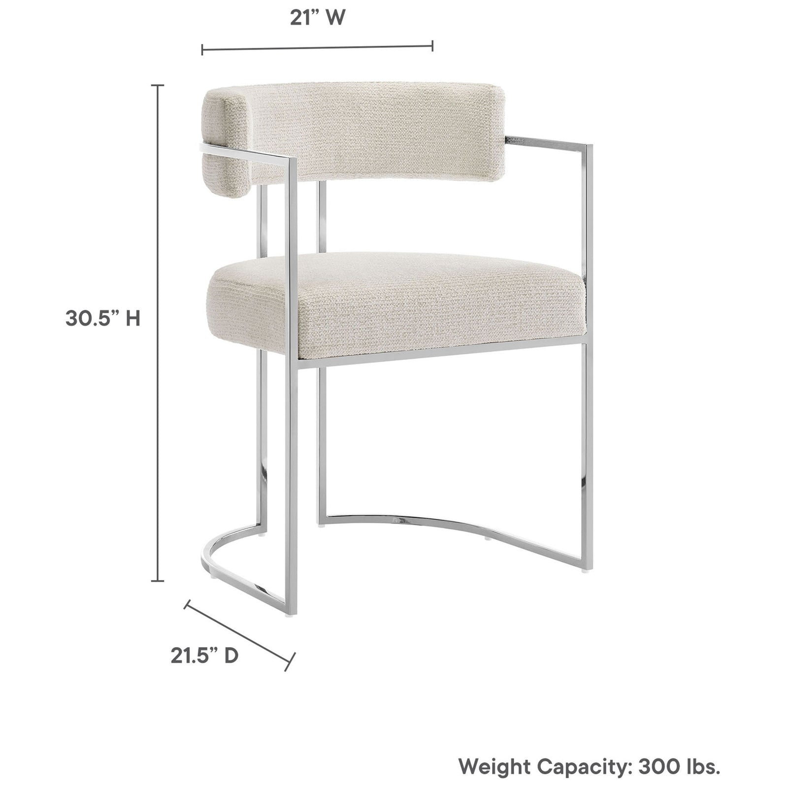 Dimension diagram of barrel-back dining chair with overall width, depth, height, and weight capacity || EEI-7228-SLV-CRE || dimension_studio