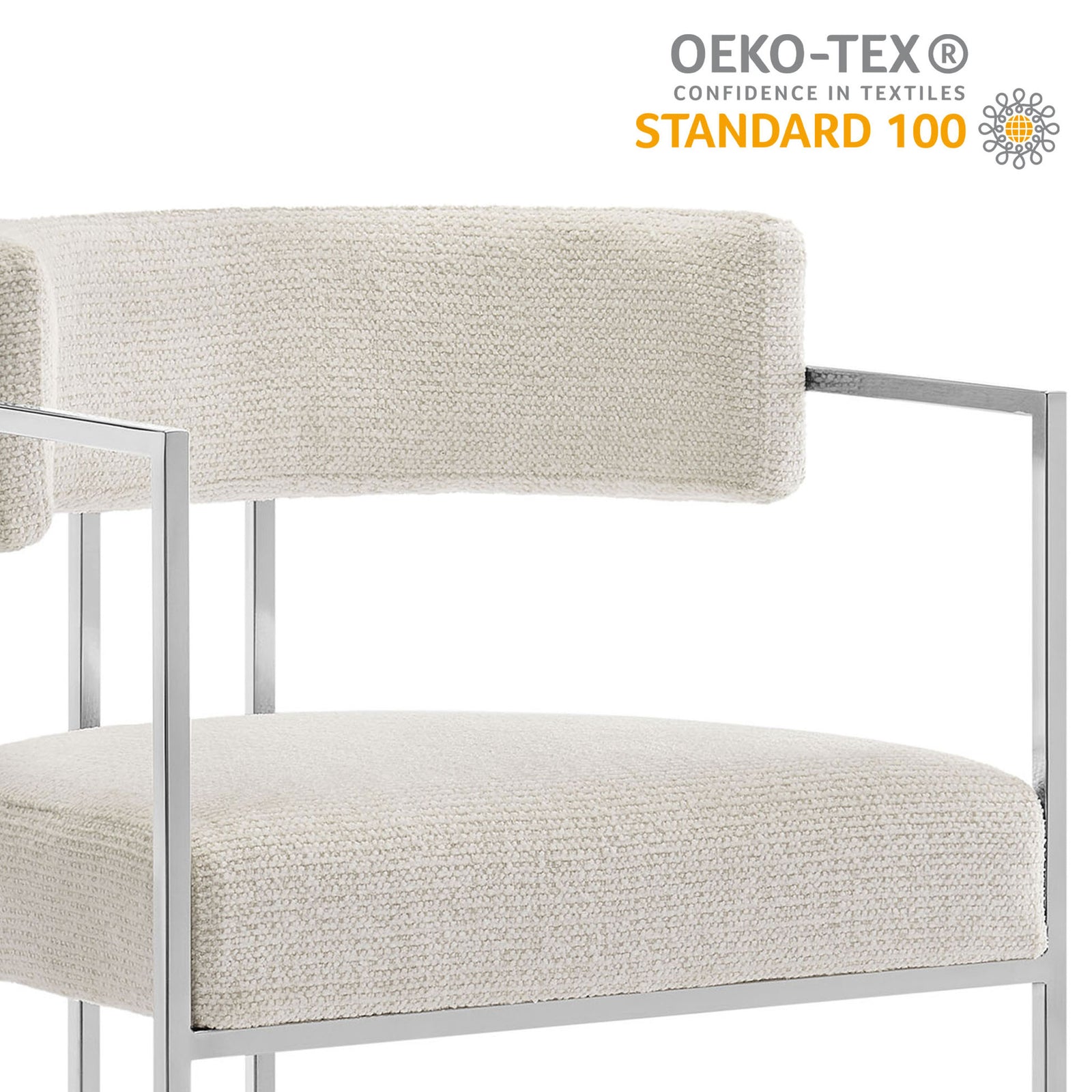 OEKO-TEX certified upholstered dining chair showcasing eco-conscious woven fabric and chrome frame || EEI-7228-SLV-CRE || callout_studio