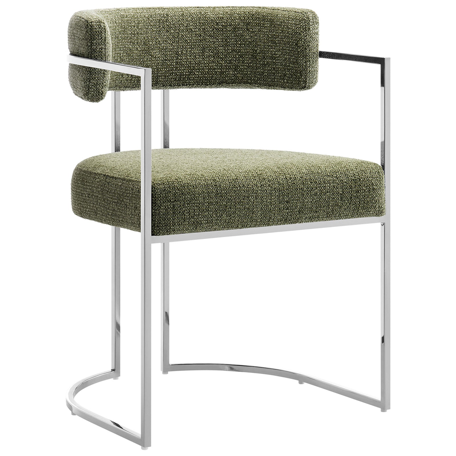 Curved barrel-back dining chair with green textured upholstery and chrome sled base || EEI-7228-SLV-LEA || front_angle_studio