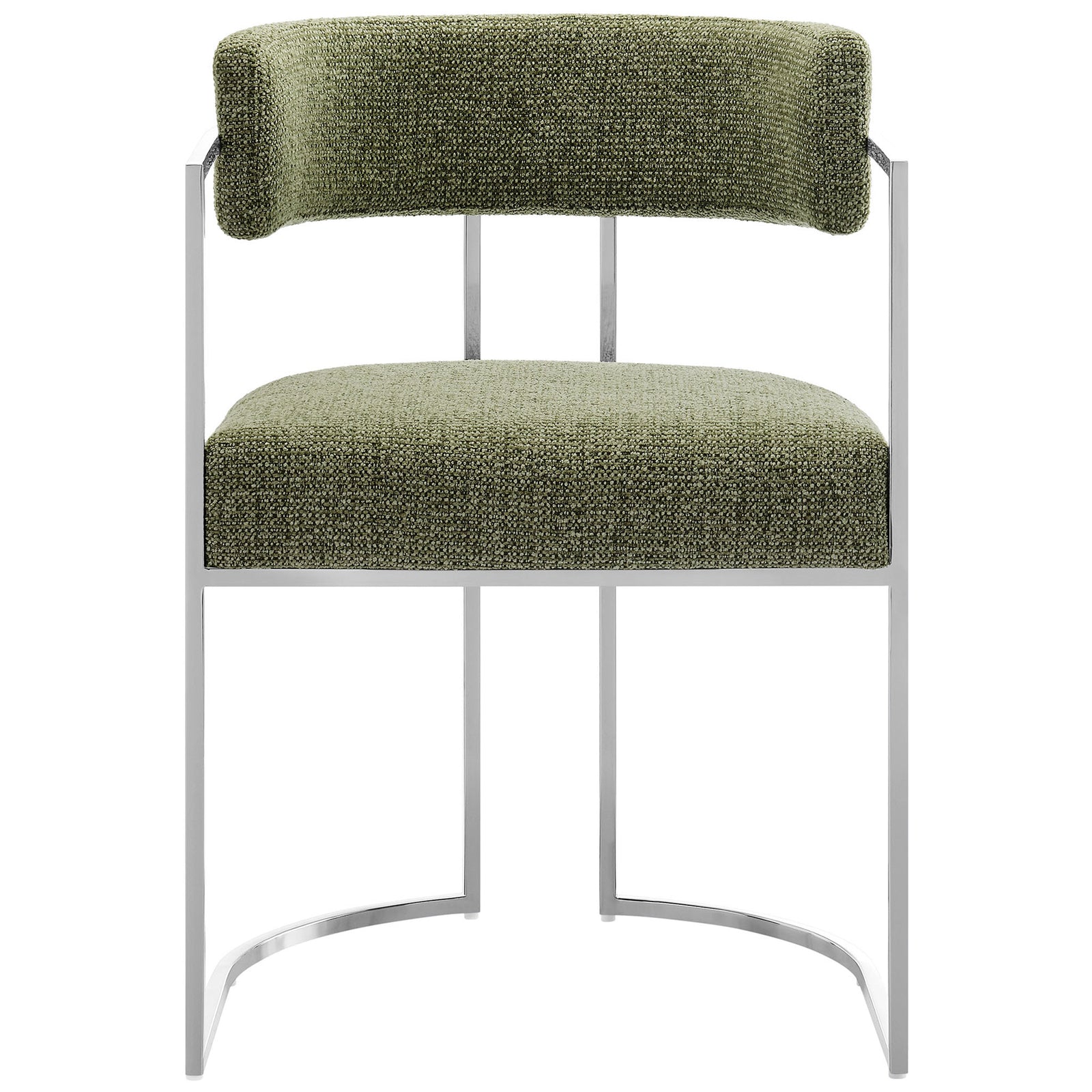 Barrel-back dining chair with plush green fabric seat and supportive wraparound back || EEI-7228-SLV-LEA || front_studio