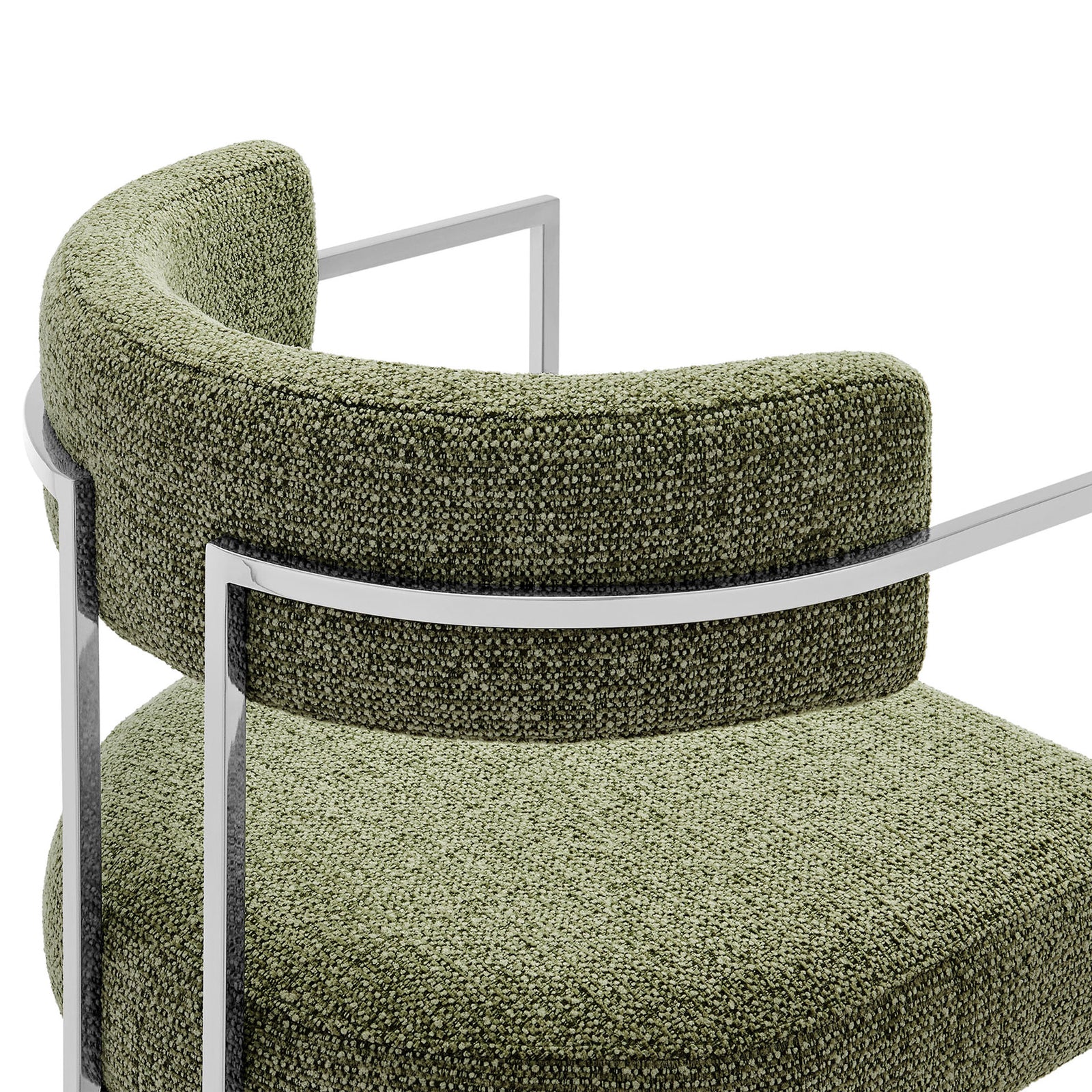 Textured green woven upholstery and gently curved backrest on the chrome dining chair || EEI-7228-SLV-LEA || detail_studio
