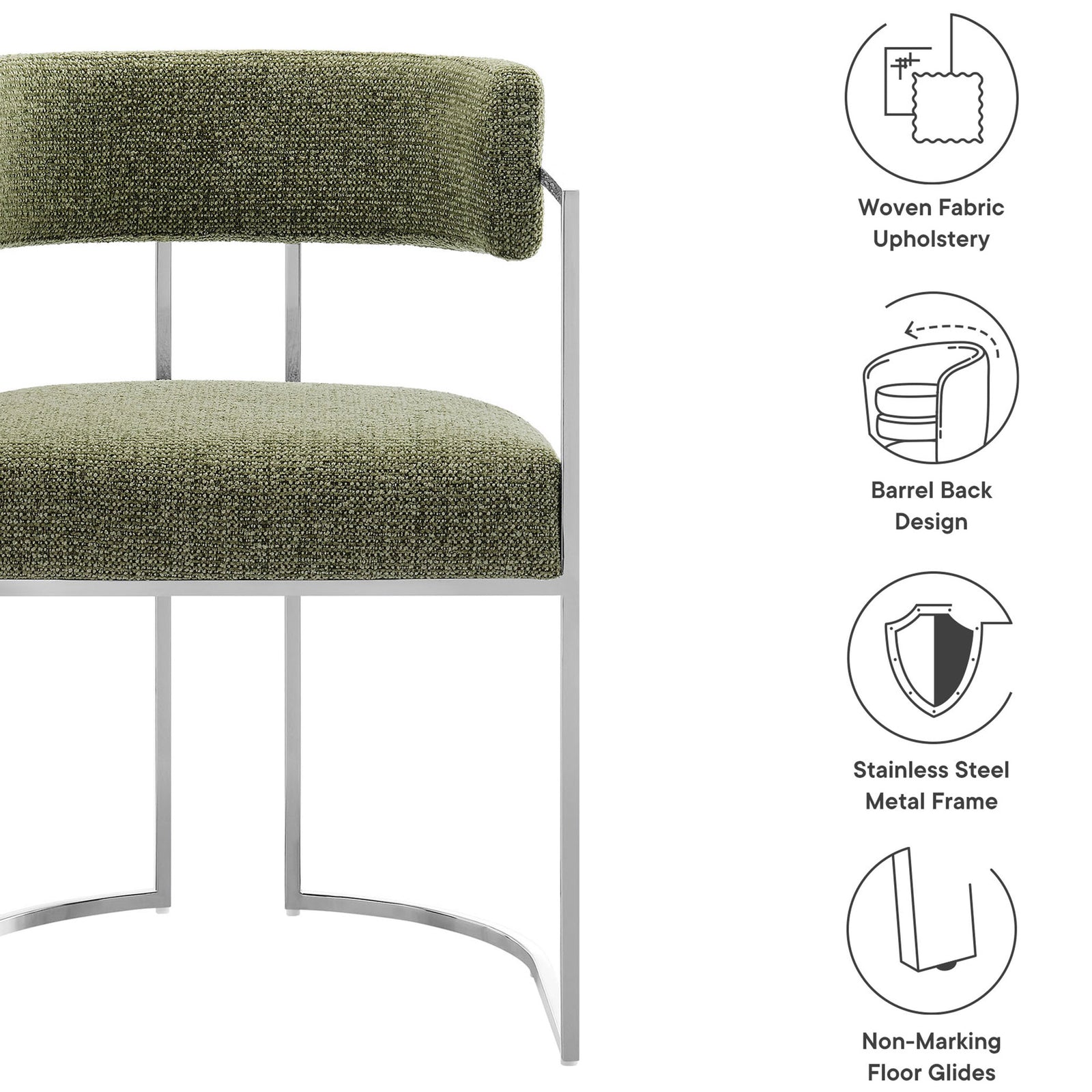Huron barrel-back dining chair with icons highlighting fabric upholstery, metal frame, and floor glides || EEI-7228-SLV-LEA || callout_studio
