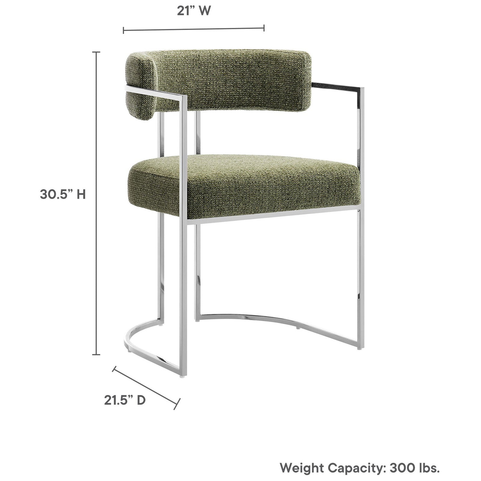 Huron dining chair with printed measurements and 300 lb weight capacity for size reference || EEI-7228-SLV-LEA || dimension_studio