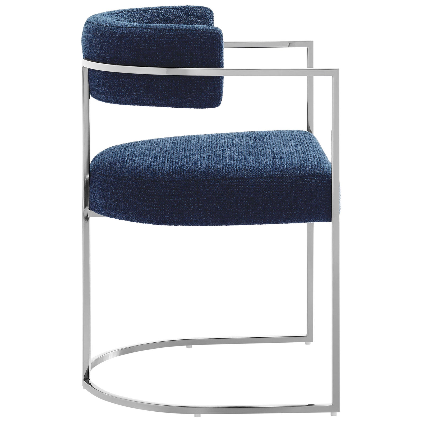 Navy upholstered dining chair with curved backrest and cantilevered sled legs. || EEI-7228-SLV-NAV || side_studio