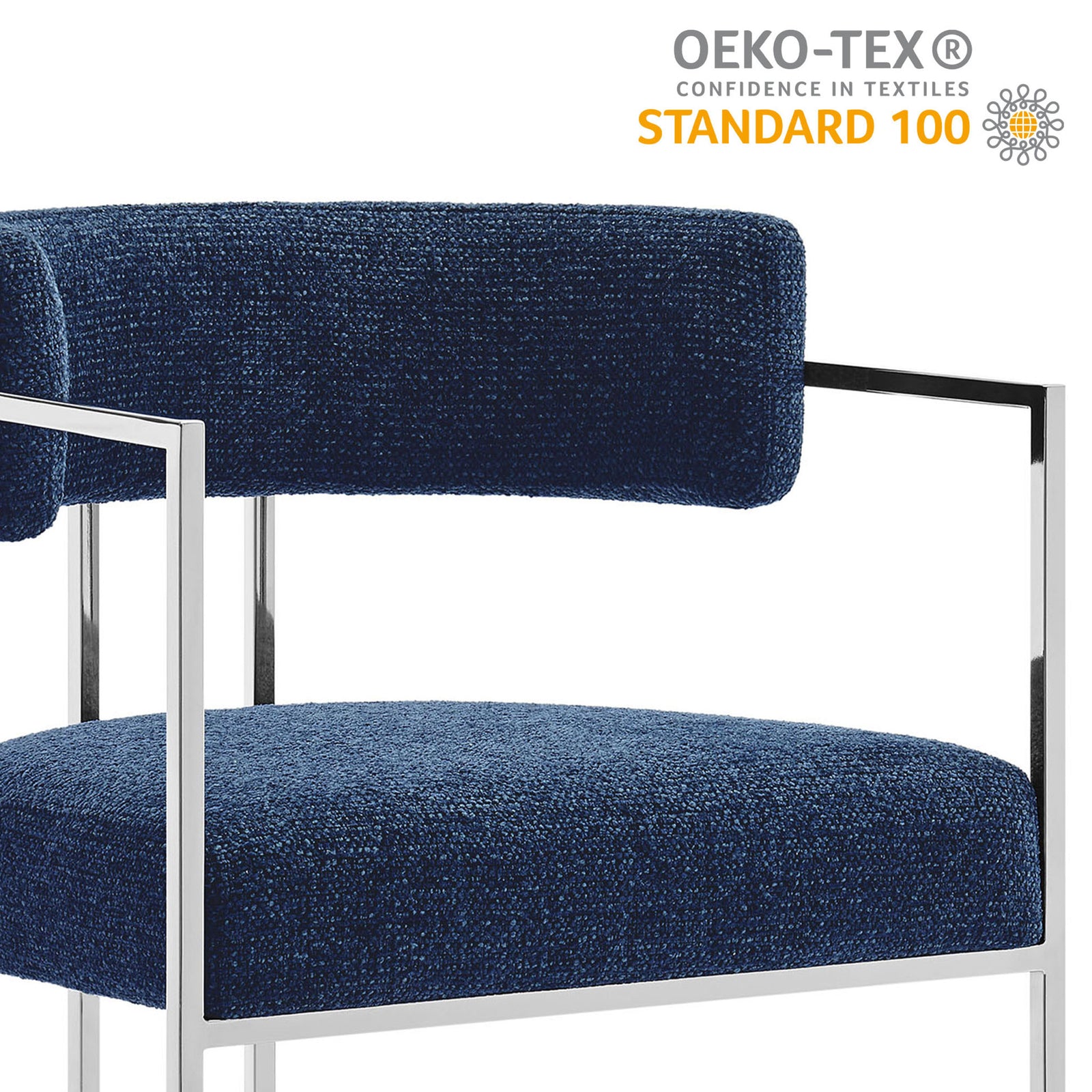 Navy upholstered dining chair with Oeko-Tex Standard 100 certified fabric and chrome frame. || EEI-7228-SLV-NAV || callout_studio