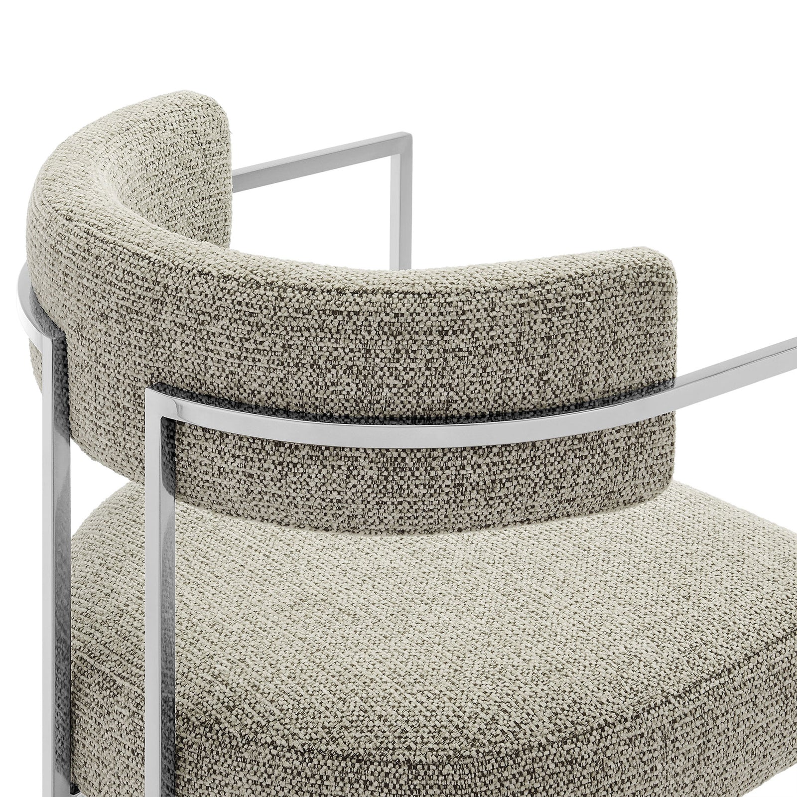 Textured woven Silver Wheat upholstery wraps the curved backrest over a polished chrome frame || EEI-7228-SLV-WHE || detail_studio