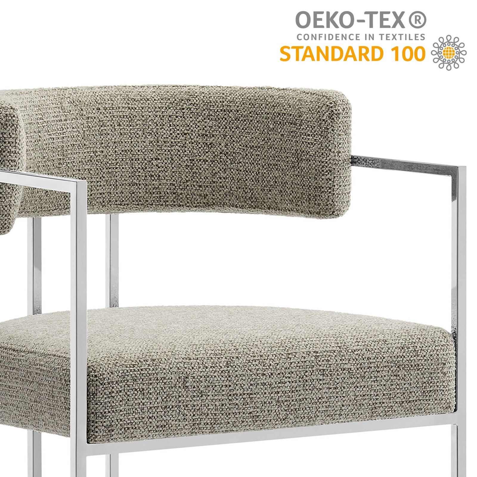 Graphic emphasizes Oeko-Tex Standard 100 certified fabric on the Huron Silver Wheat dining chair || EEI-7228-SLV-WHE || callout_studio