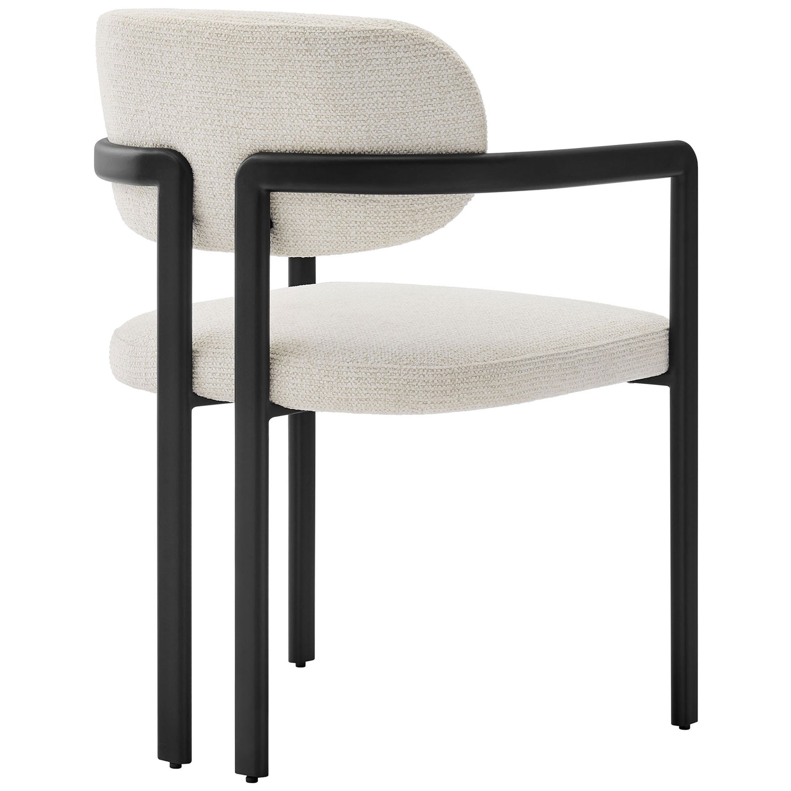 Open-back barrel chair with cream woven backrest and dual black metal support legs || EEI-7229-BLK-CRE || back_angle_studio