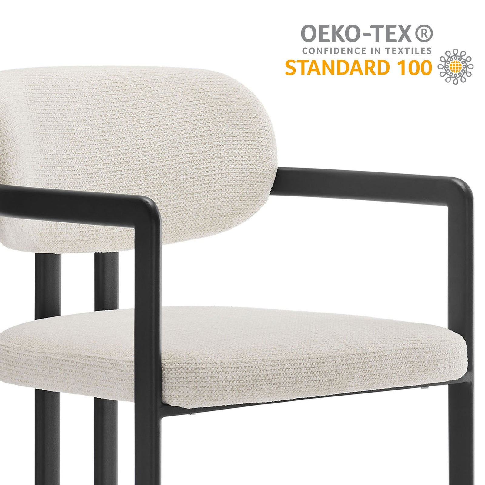 Cream upholstered barrel dining chair with OEKO-TEX Standard 100 certified fabric and black metal frame || EEI-7229-BLK-CRE || callout_studio