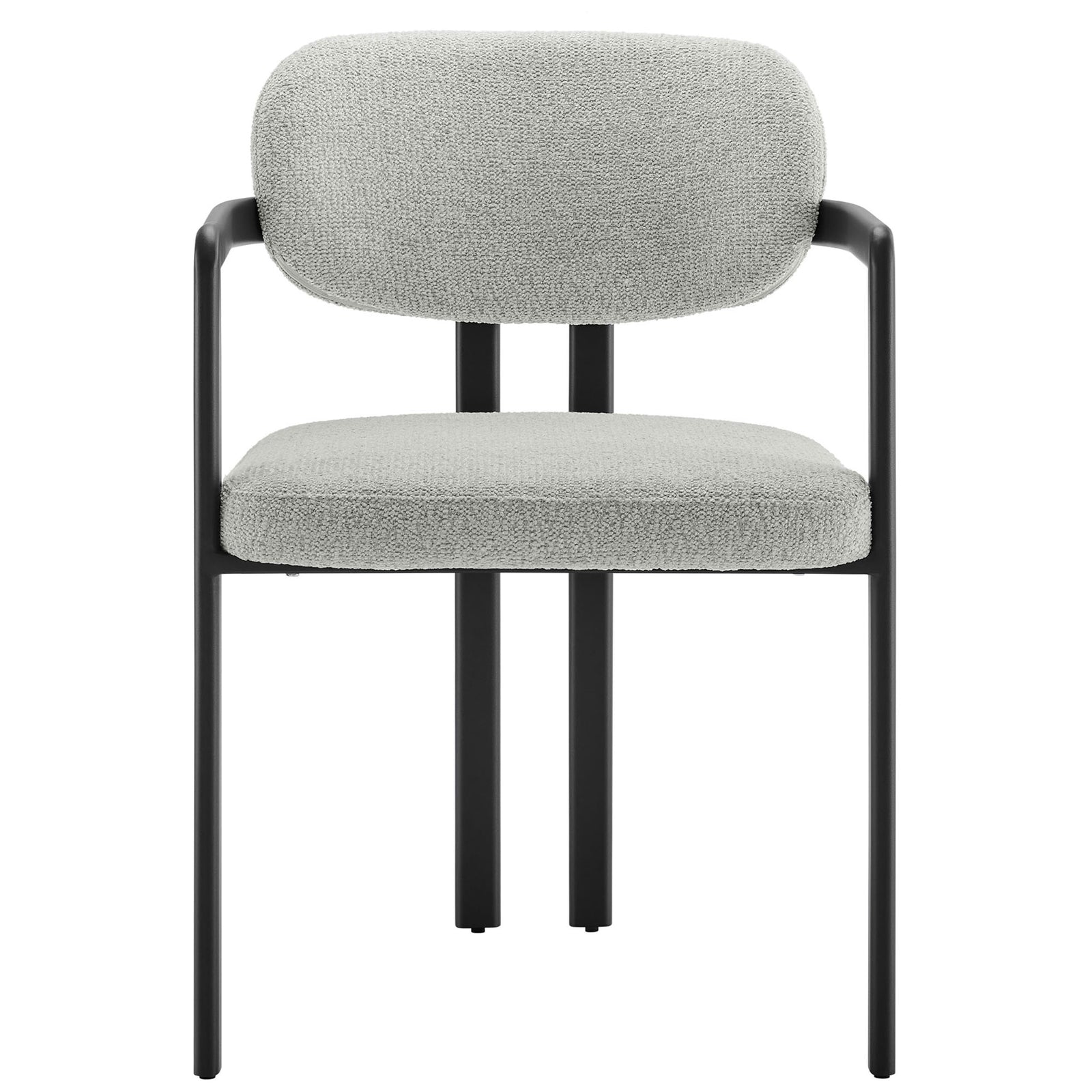 Elio gray barrel dining chair with cushioned seat and back on a sleek black metal frame || EEI-7229-BLK-DOV || front_studio