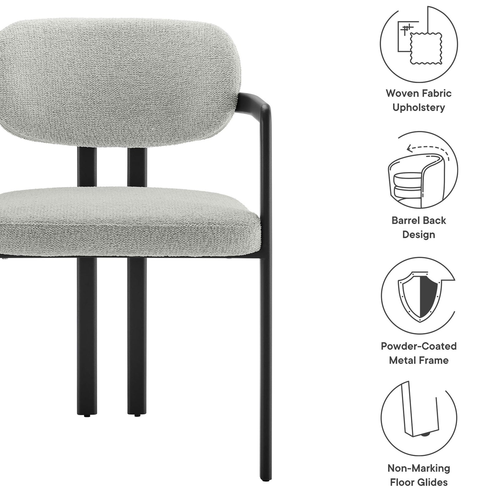 Elio dining chair with feature icons highlighting woven fabric, barrel back, metal frame, and floor glides || EEI-7229-BLK-DOV || callout_studio