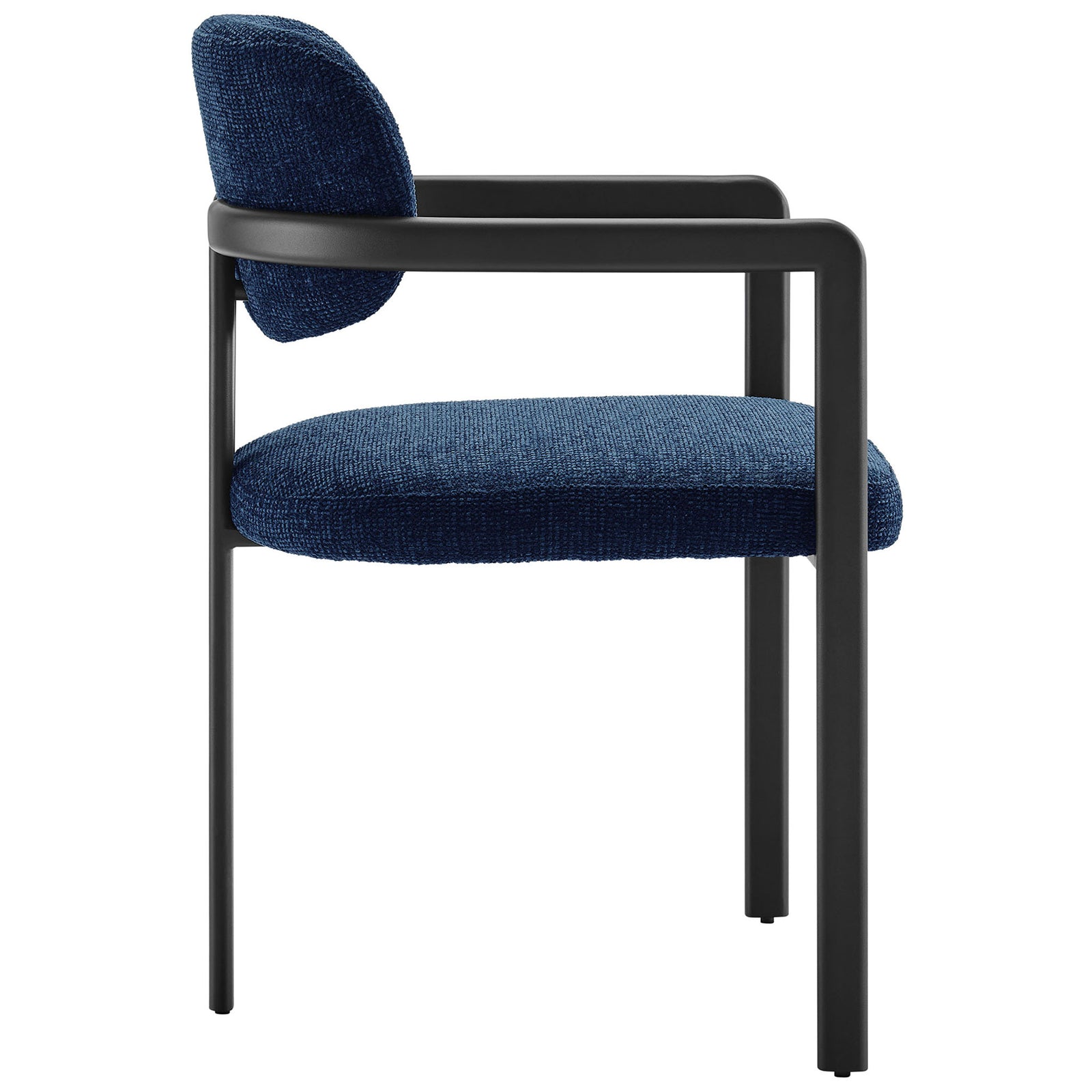 Navy barrel chair with wrapped backrest, slim silhouette, and streamlined metal arm and legs. || EEI-7229-BLK-NAV || side_studio