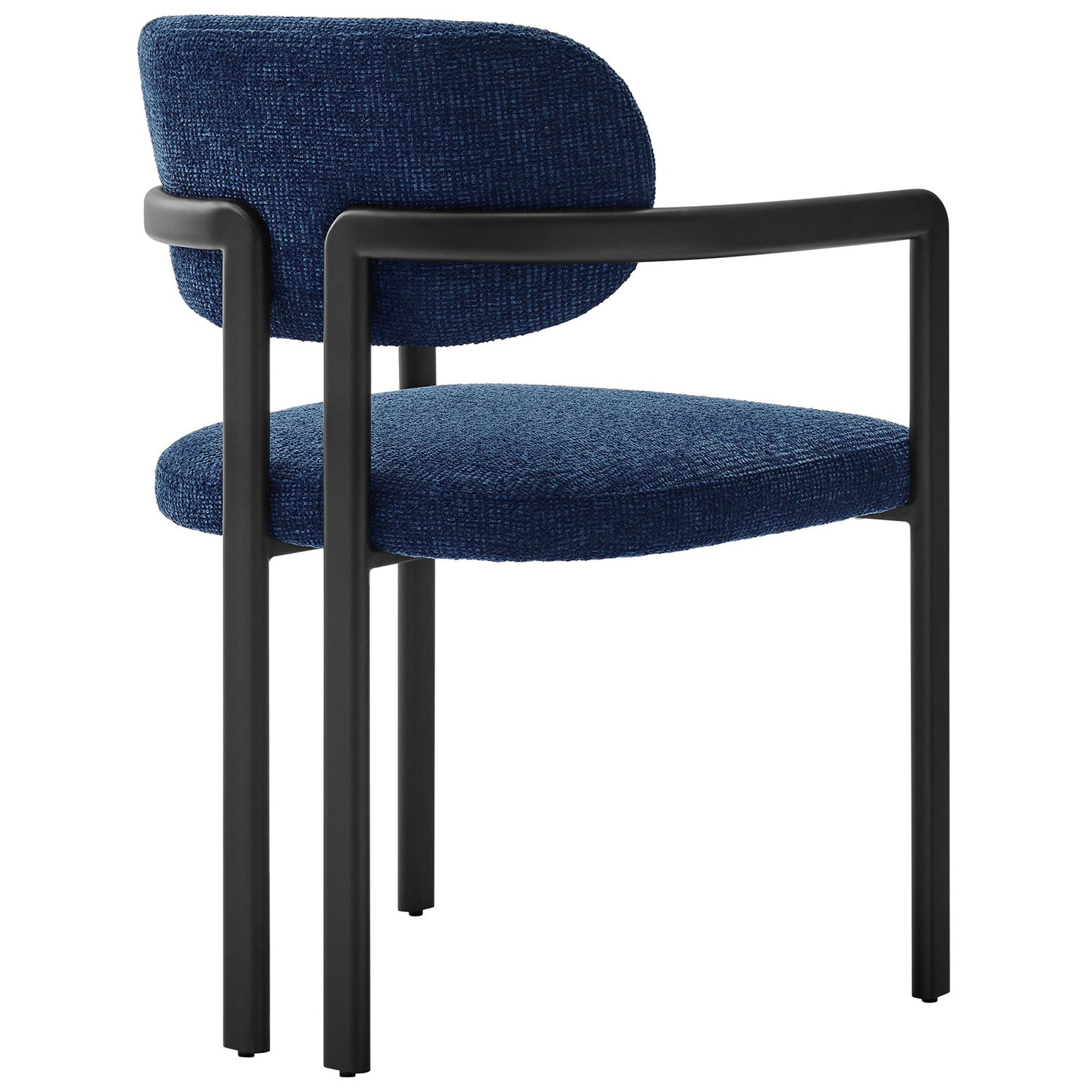 Navy barrel chair with floating curved back cushion and sleek black metal frame supports. || EEI-7229-BLK-NAV || back_angle_studio