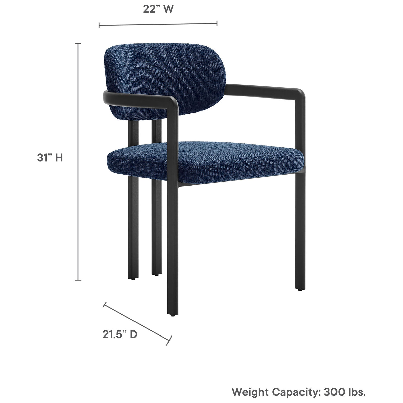 Navy barrel dining chair with overlaid measurements for height, width, and depth. || EEI-7229-BLK-NAV || dimension_studio