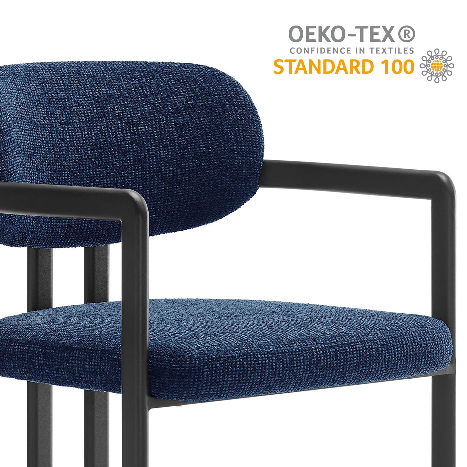 Navy barrel chair with Oeko Tex Standard 100 certified fabric and a supportive black metal frame. || EEI-7229-BLK-NAV || callout_studio