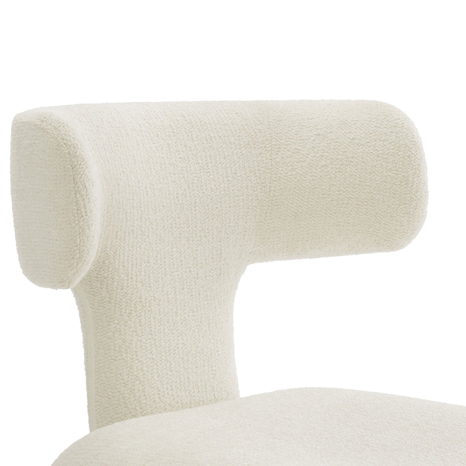 Cream boucle dining chair backrest highlighting textured upholstery and plush supportive padding || EEI-7230-CRE || detail_studio