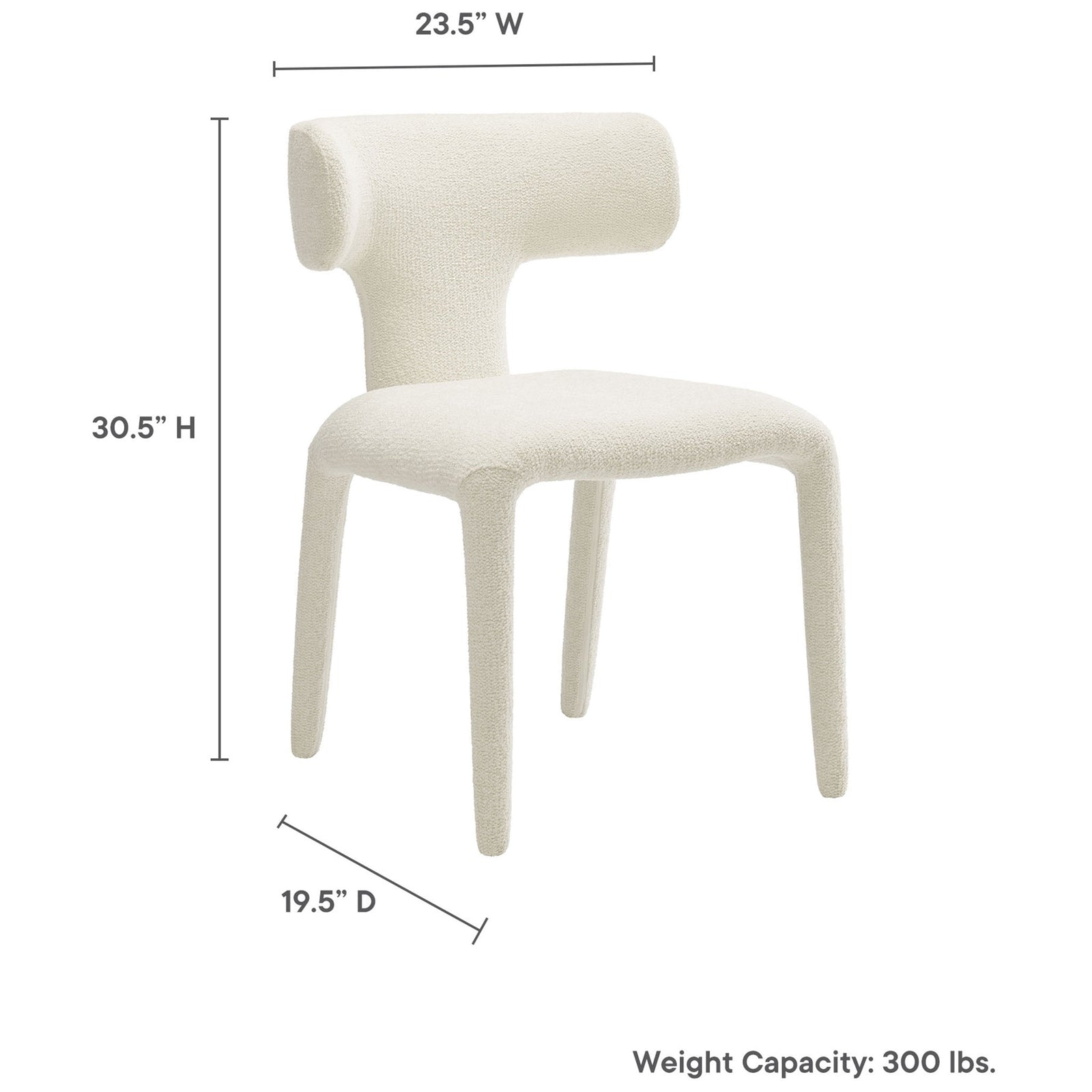 Cream boucle dining chair with illustrated height, width, and depth measurements plus 300 lb capacity || EEI-7230-CRE || dimension_studio
