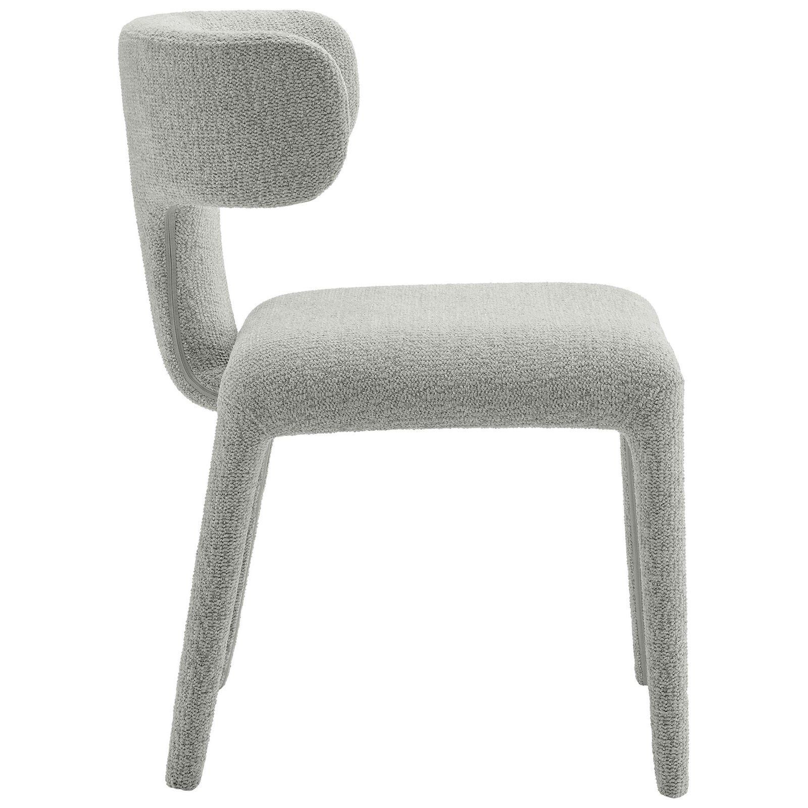 Modern boucle dining chair showcasing its wraparound back and gently reclined padded seat in dove gray || EEI-7230-DOV || side_studio