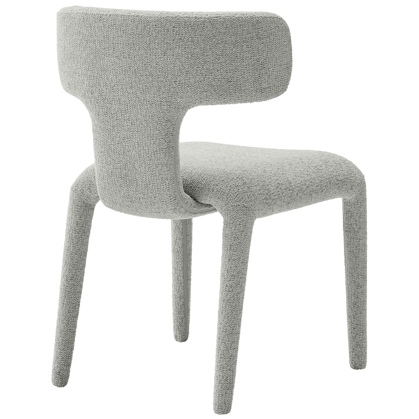 Dove gray boucle dining chair highlighting the sculpted T shaped backrest and integrated cushioned legs || EEI-7230-DOV || back_angle_studio