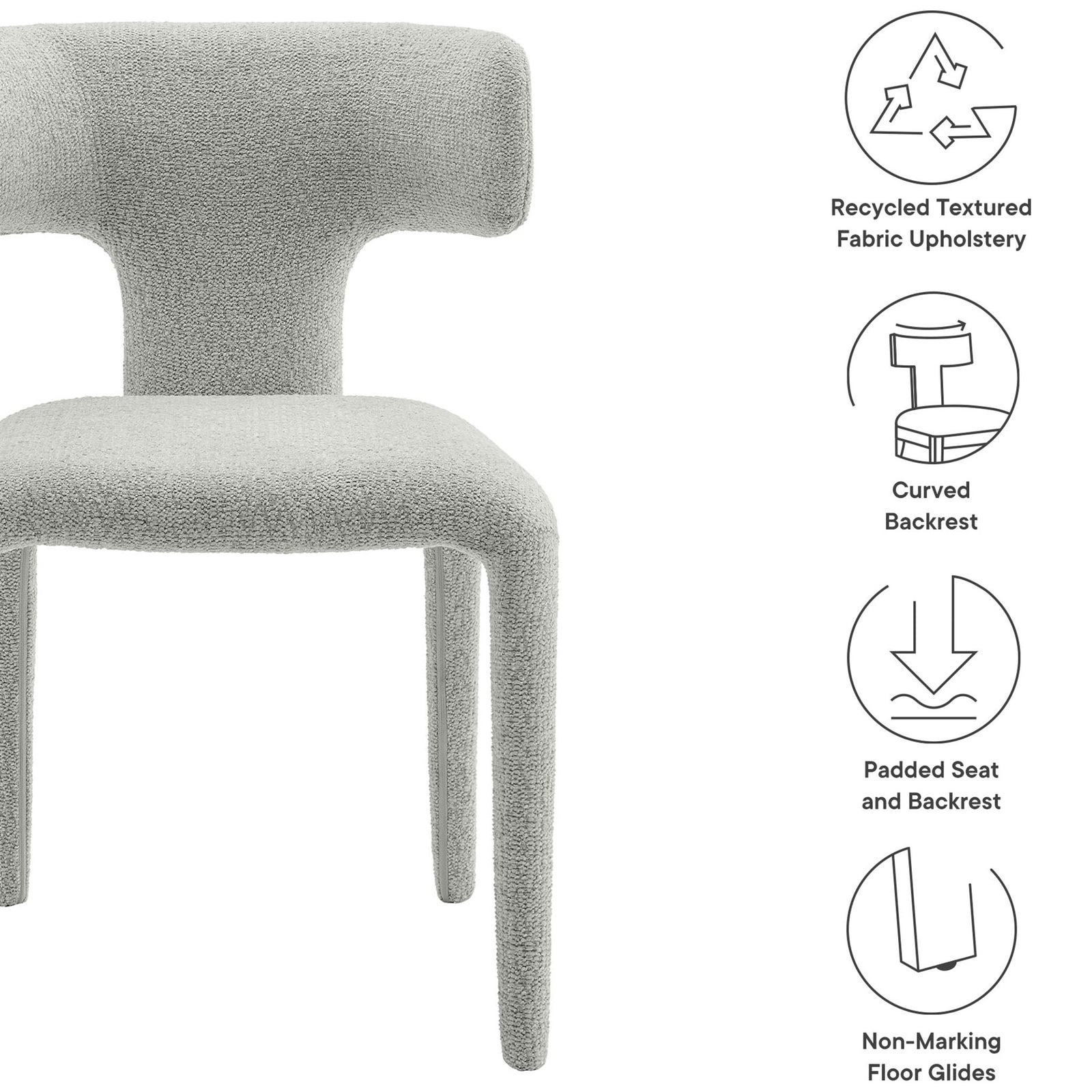 Stellan dove gray boucle dining chair beside icons highlighting recycled fabric padding and floor glides || EEI-7230-DOV || callout_studio