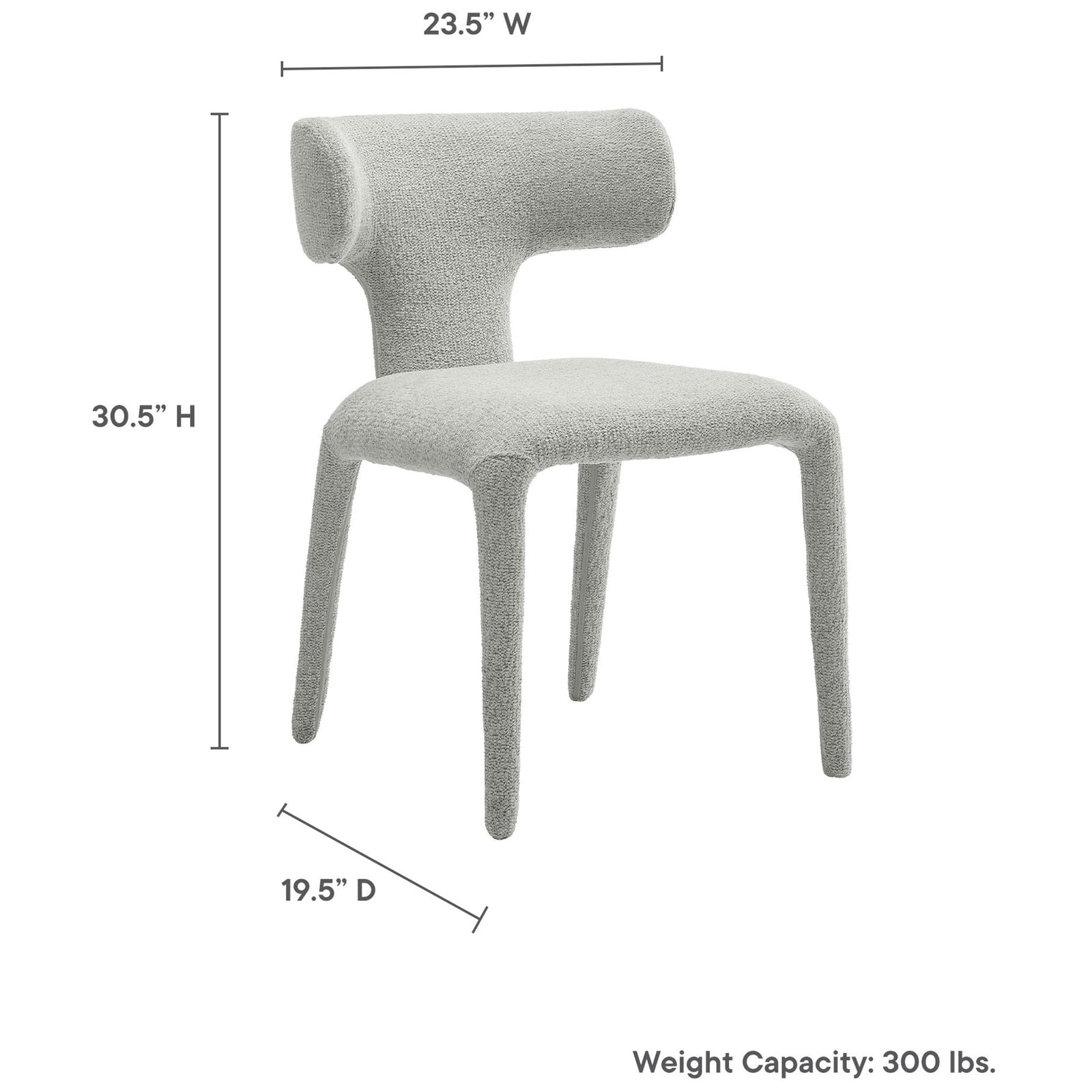 Stellan dove gray boucle dining chair with arrows marking height width depth and 300 pound weight capacity || EEI-7230-DOV || dimension_studio