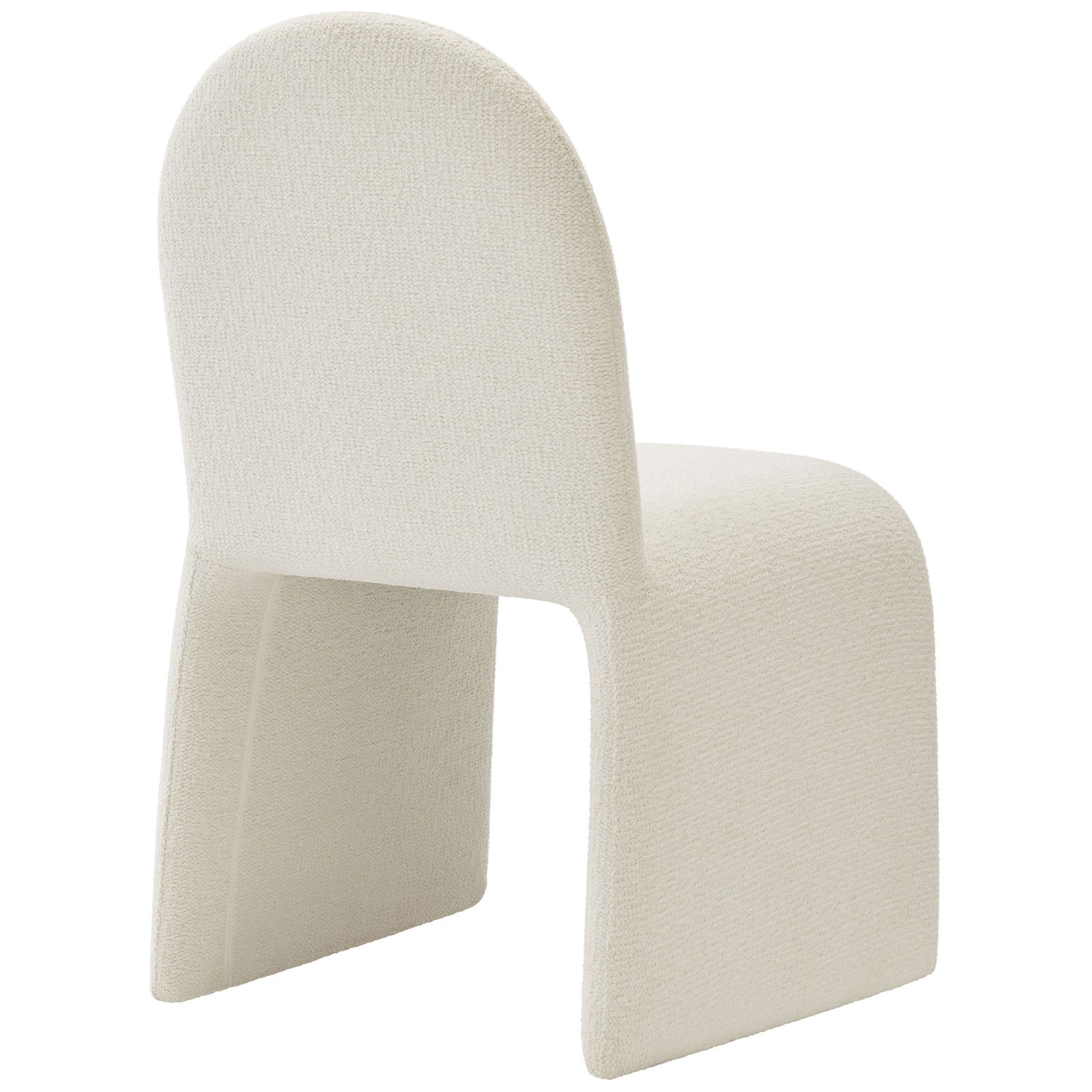 Cream boucle dining chair with rounded back and sculpted legs forming a sleek arch base || EEI-7231-CRE || back_angle_studio