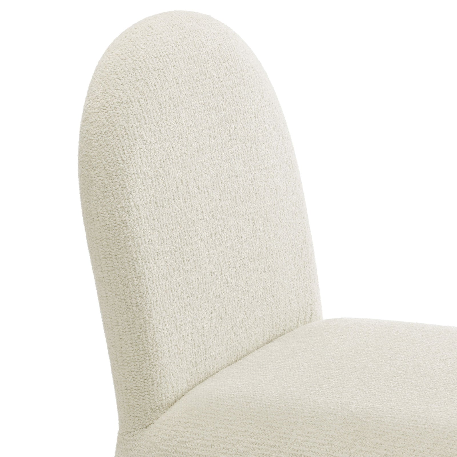 Close up of soft cream boucle upholstery highlighting the curved padded backrest and seat || EEI-7231-CRE || detail_studio