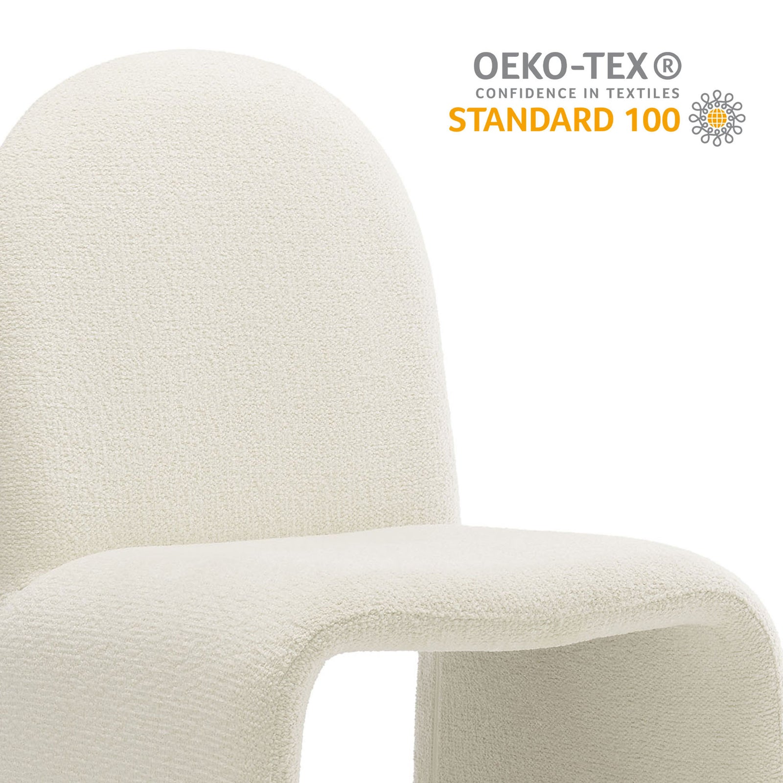 Detail of cream boucle chair seat and back with OEKO TEX Standard 100 certification graphic || EEI-7231-CRE || callout_studio