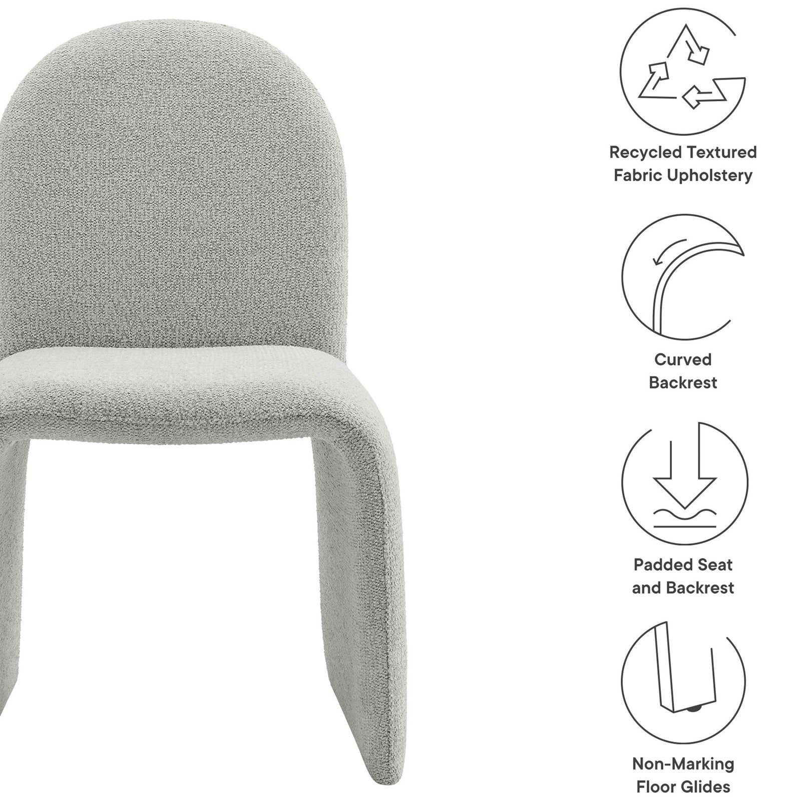 Dove gray boucle dining chair with recycled textured fabric, curved backrest, padding, and floor glides || EEI-7231-DOV || callout_studio