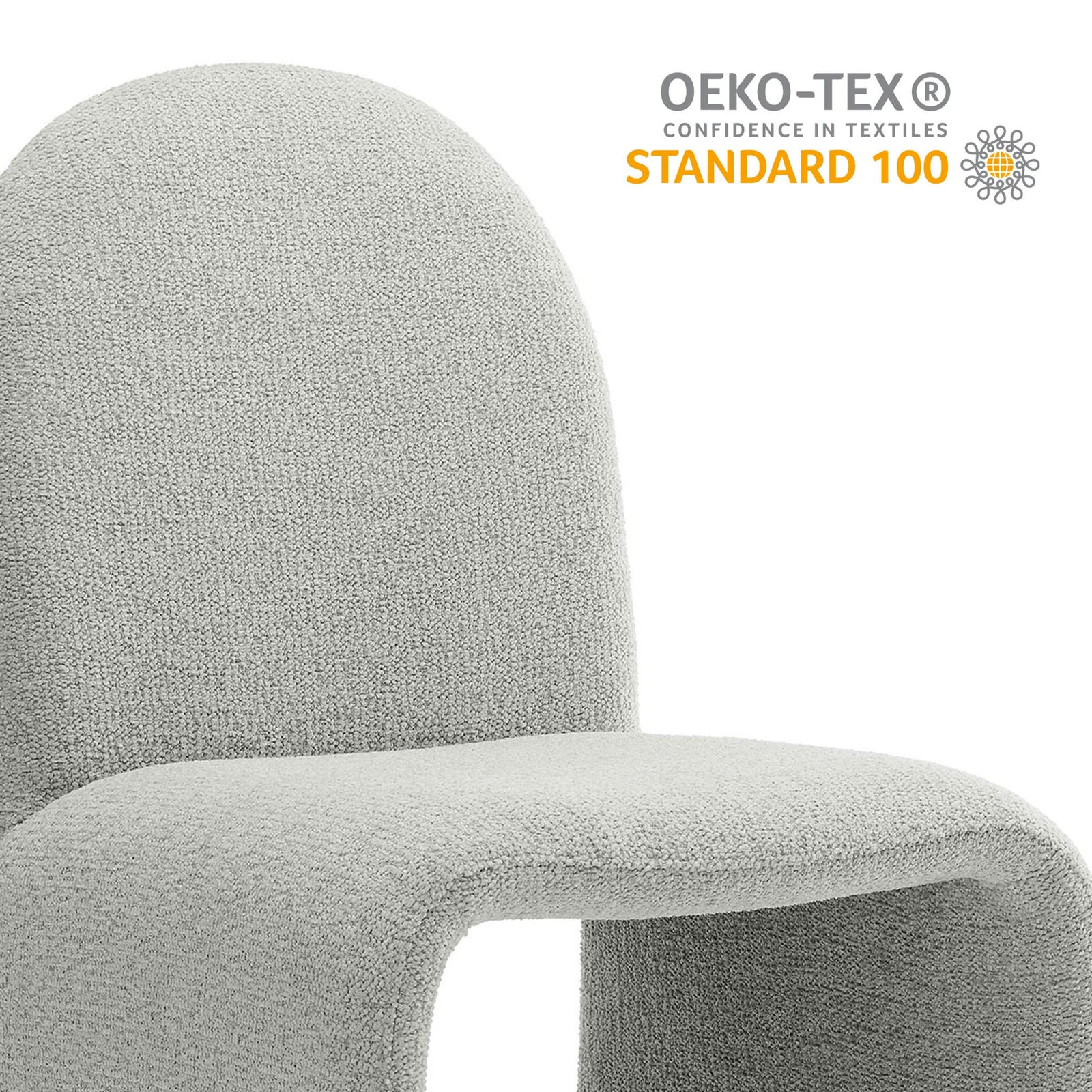 Dove gray boucle dining chair with arch back and OEKO TEX Standard 100 certified upholstery || EEI-7231-DOV || callout_studio