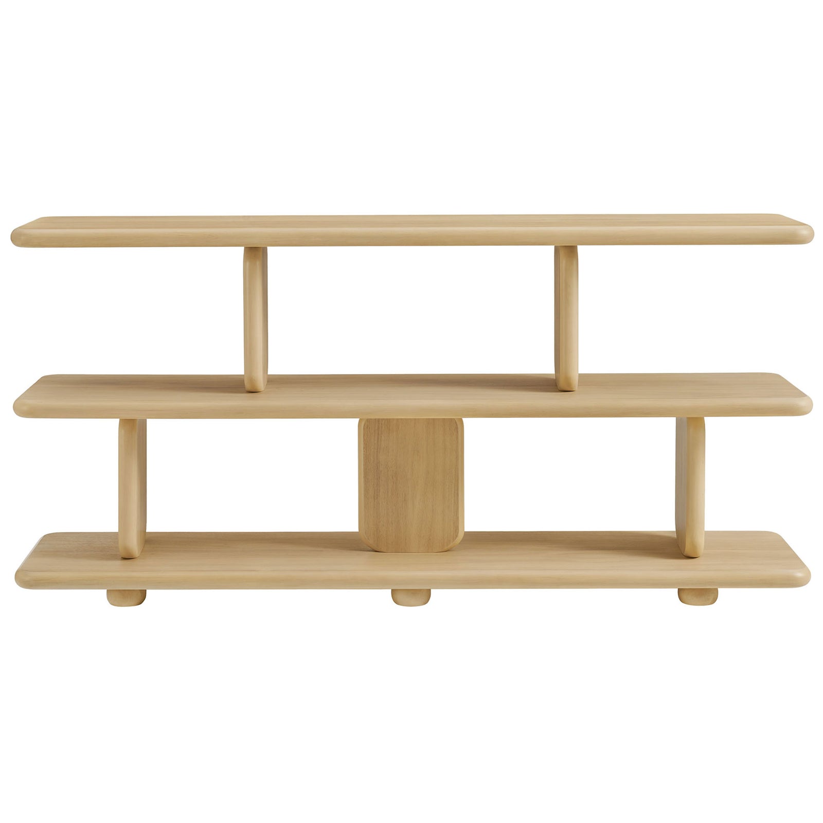 Sculptural two-tier bookshelf with smooth rounded edges and a natural wood grain finish || EEI-7232-NAT || front_studio