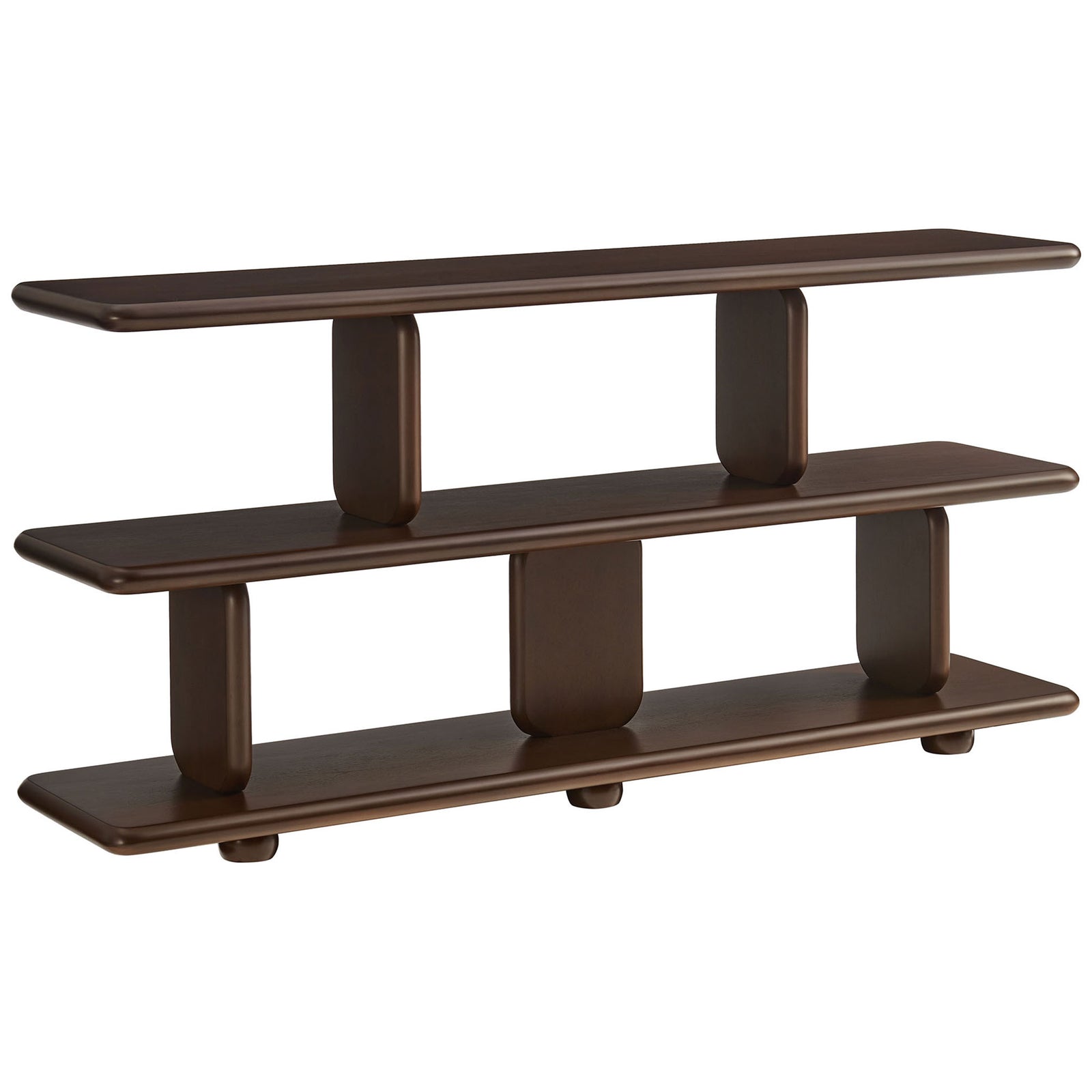 Low-profile walnut bookcase showcasing wide tiered shelves and an organic silhouette || EEI-7232-WAL || front_angle_studio