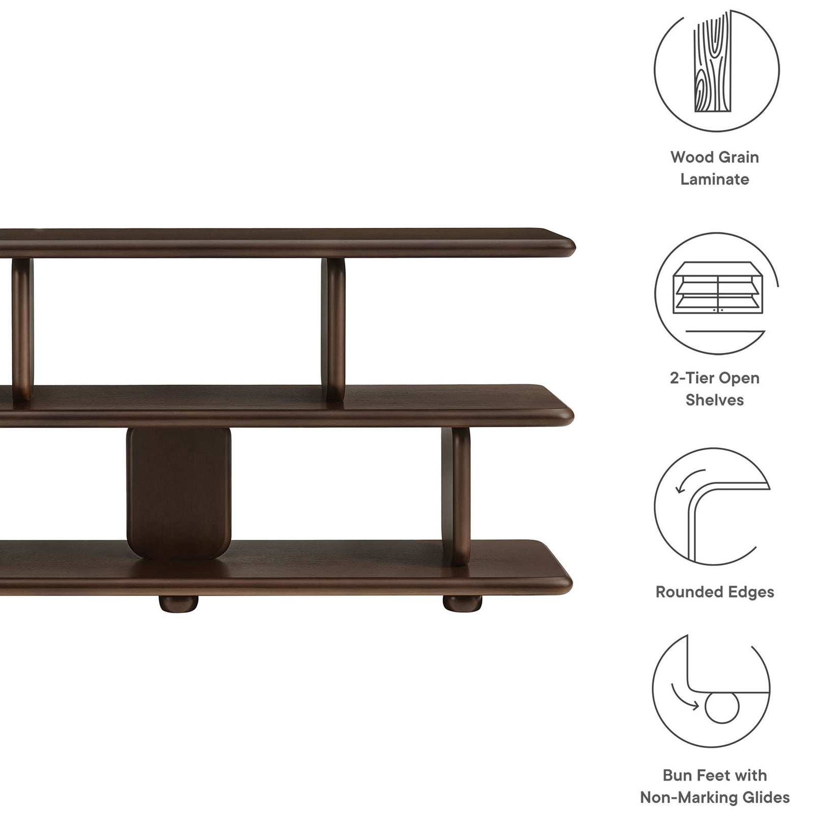 Key features include wood grain finish, rounded edges, and bun feet with floor glides || EEI-7232-WAL || callout_studio