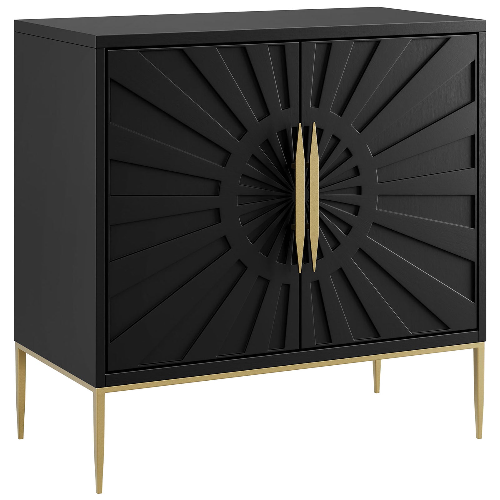 Black sunburst accent cabinet with sleek gold base and tapered metal legs. || EEI-7233-BLK || front_angle_studio