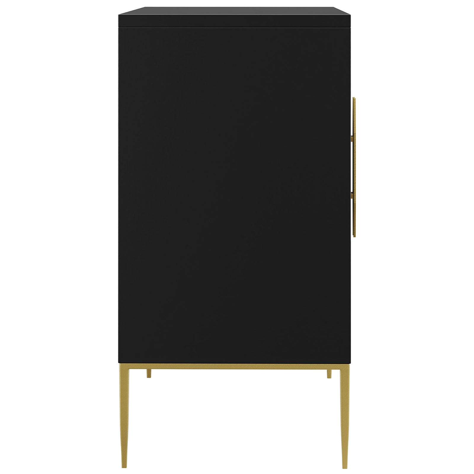 Slim black accent cabinet on tall gold metal legs with smooth, clean-lined panels. || EEI-7233-BLK || side_studio