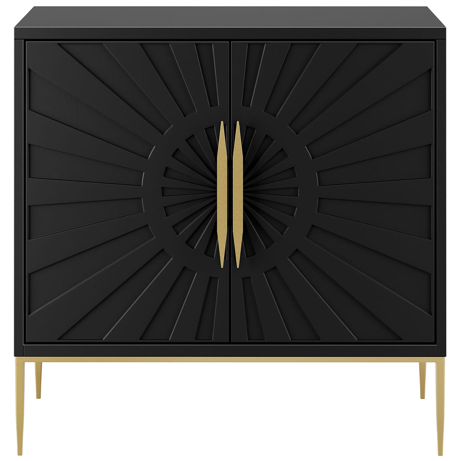 Black accent cabinet with bold sunburst door pattern and elongated gold handles. || EEI-7233-BLK || front_studio