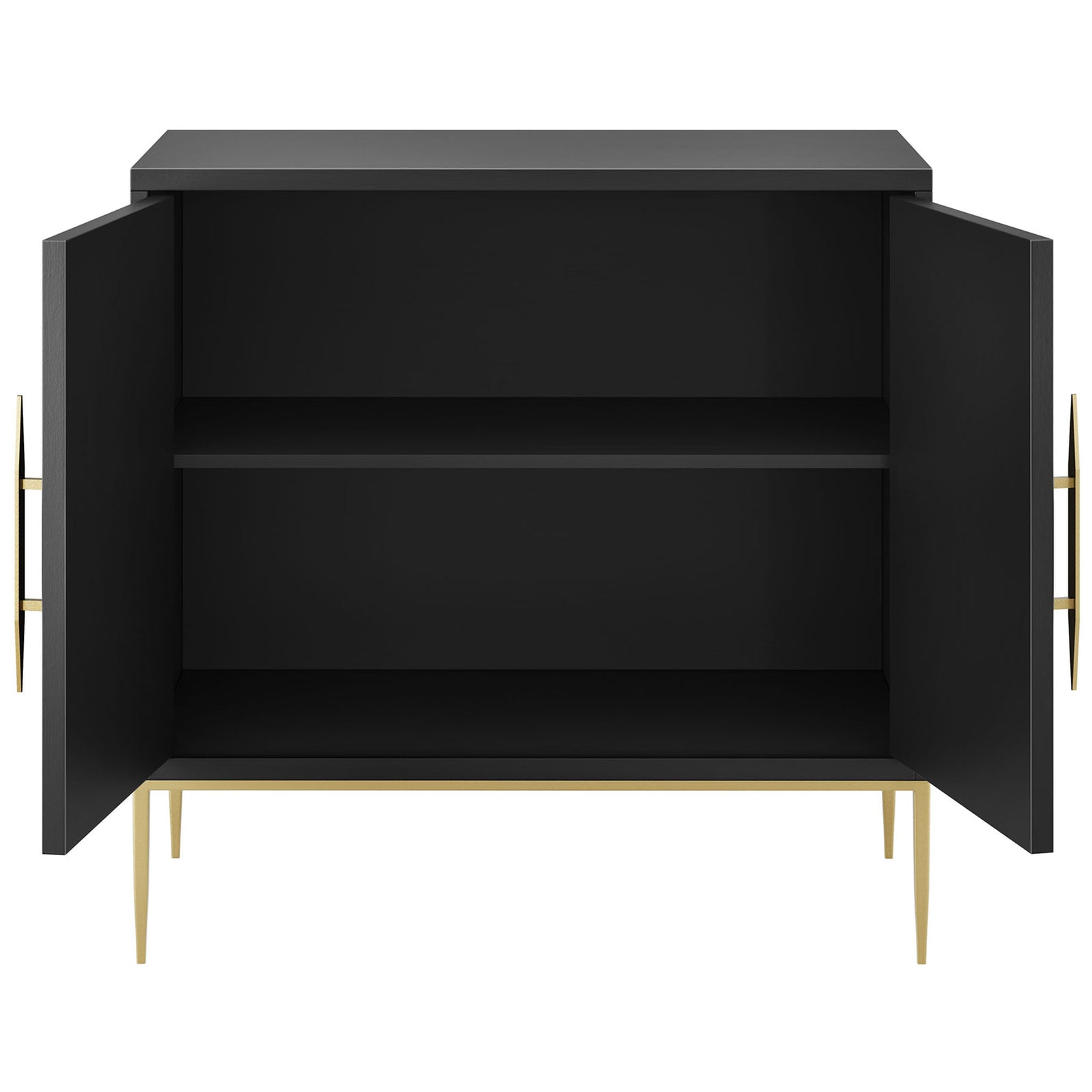Black accent cabinet with doors open to reveal a spacious interior shelf for versatile storage. || EEI-7233-BLK || front_open_studio