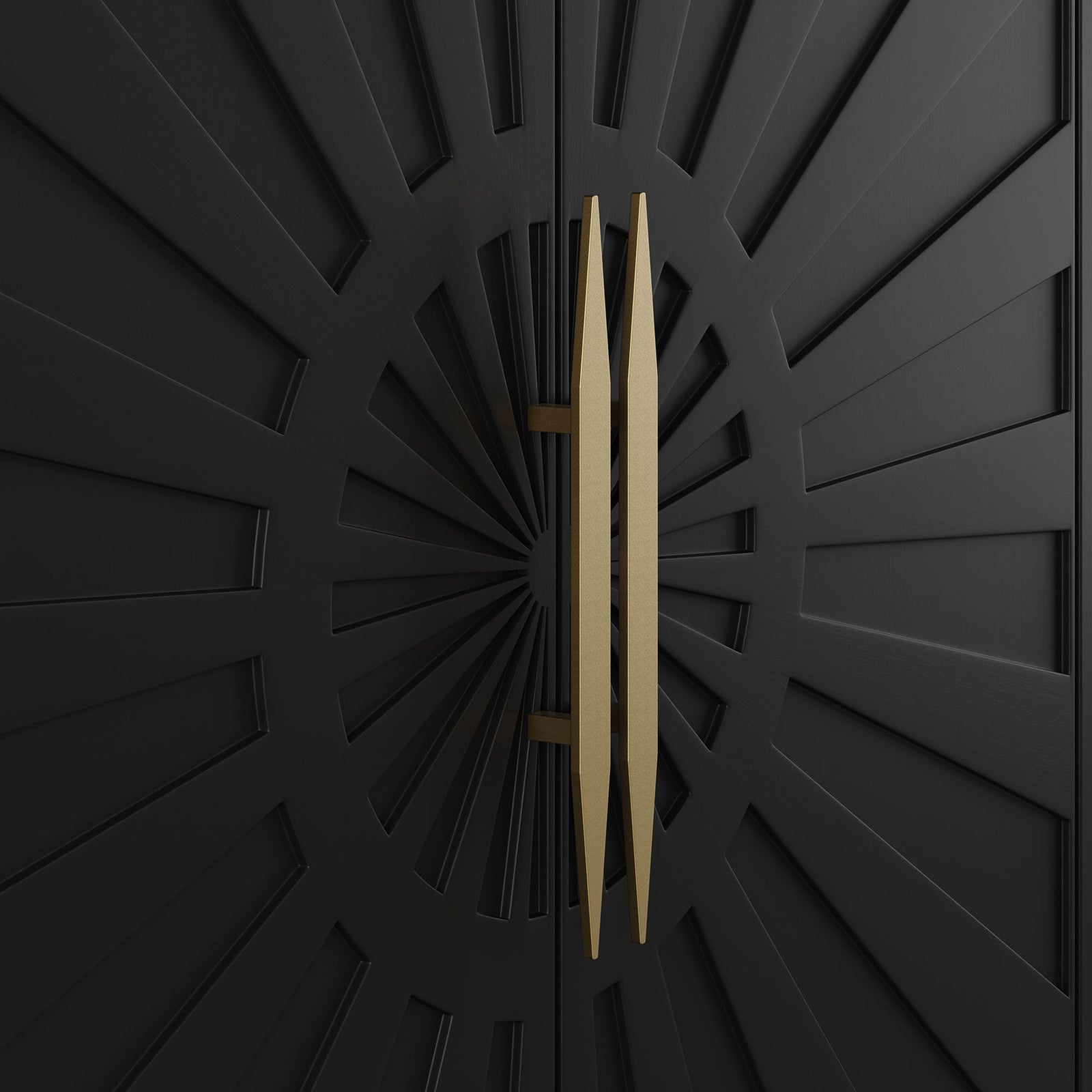 Textured black sunburst doors with sculpted gold vertical handles at the center. || EEI-7233-BLK || handle_studio