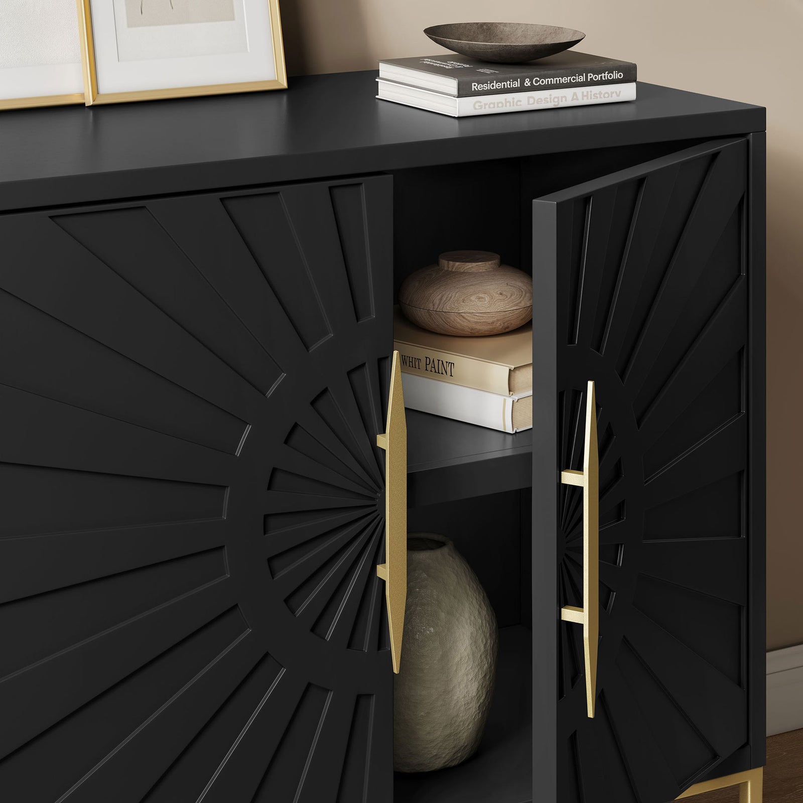 Black accent cabinet styled with vases and decor, showing open shelving for display and storage. || EEI-7233-BLK || storage_open_room
