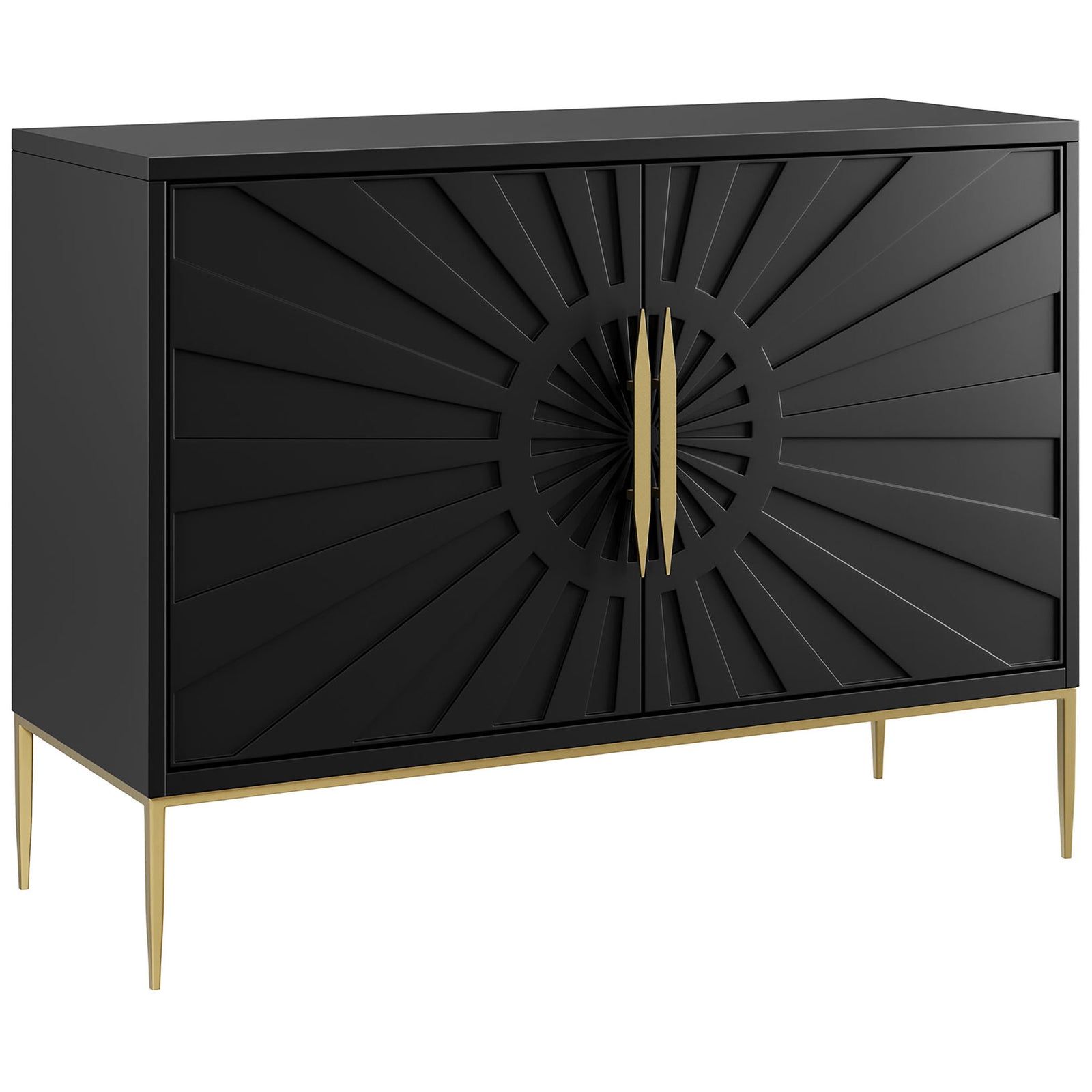 Wide black sunburst accent cabinet with sleek gold base and tapered metal legs. || EEI-7234-BLK || front_angle_studio