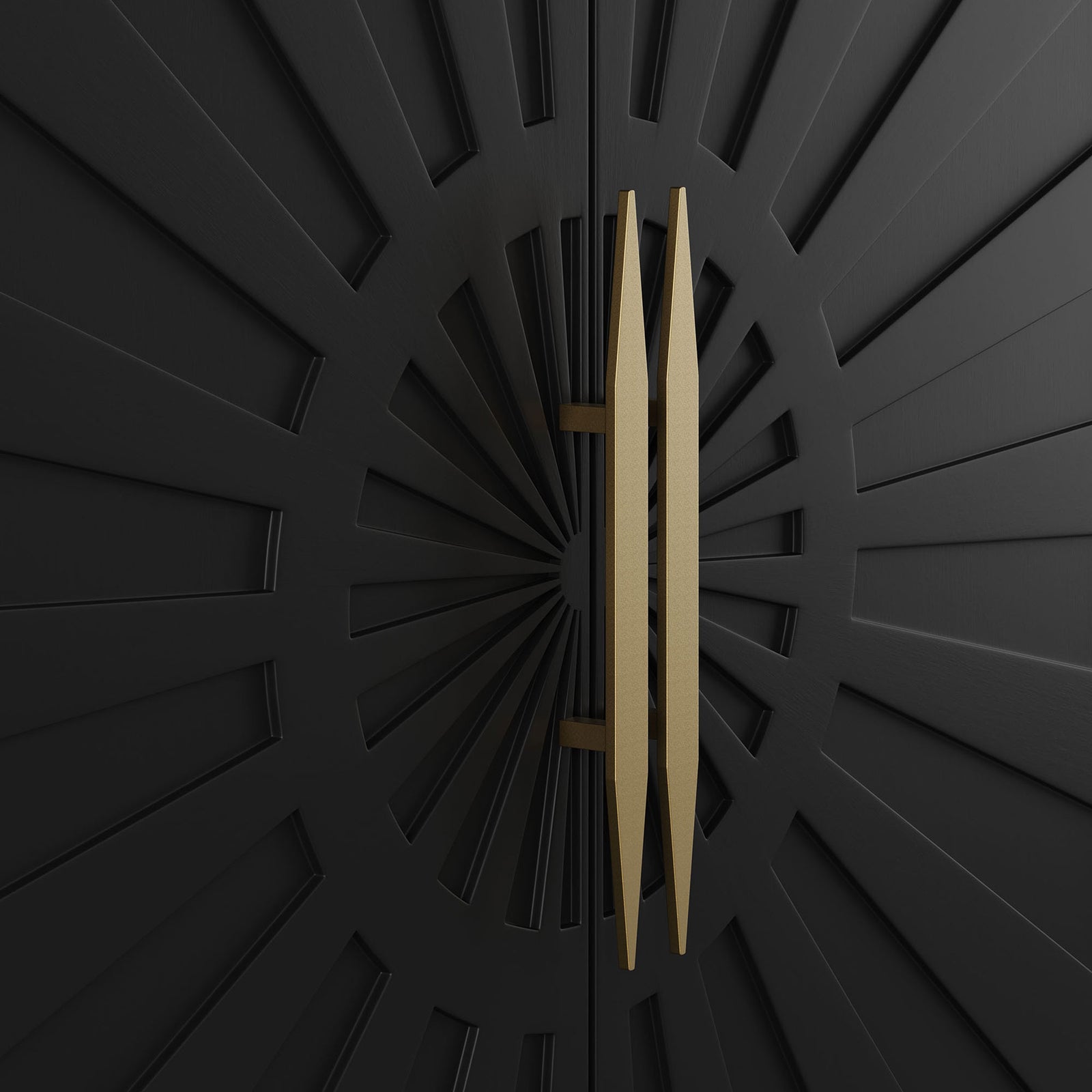 Central black sunburst doors framed by sculpted gold vertical handles and rich texture. || EEI-7234-BLK || handle_studio