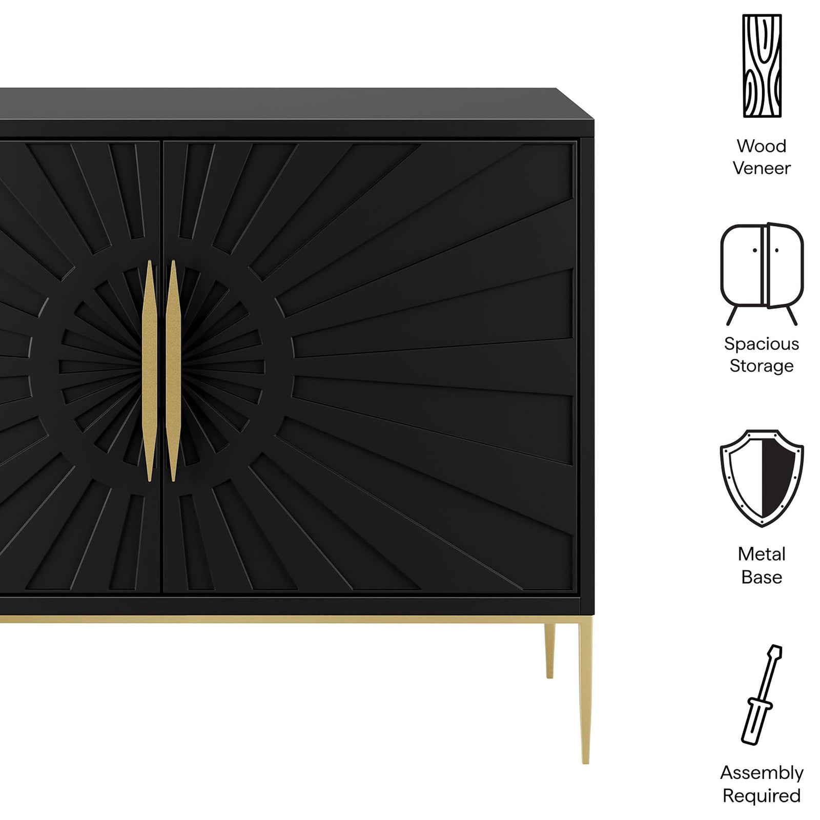 Wide black sunburst accent cabinet highlighting wood veneer, spacious storage, metal base, and assembly details. || EEI-7234-BLK || callout_studio