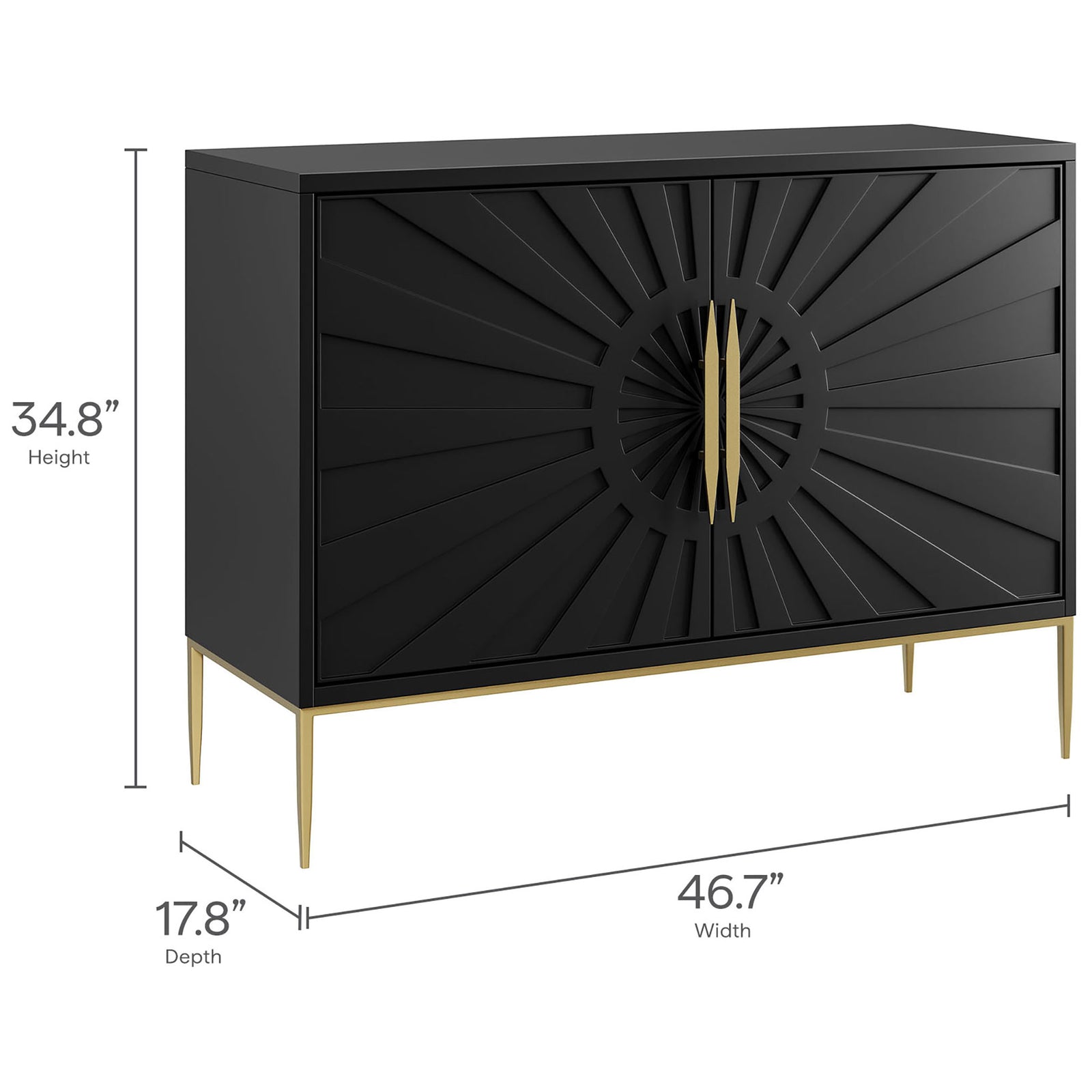 Wide black sunburst accent cabinet with slim gold legs and labeled height, width, and depth dimensions. || EEI-7234-BLK || dimension_studio