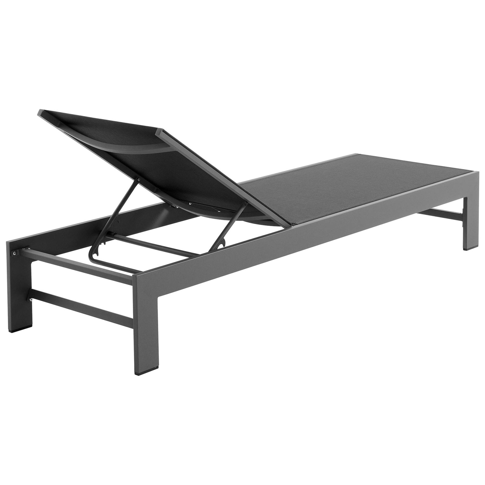 Gray patio chaise with breathable mesh back and sturdy powder-coated frame and supports || EEI-7235-GRY || back_angle_studio