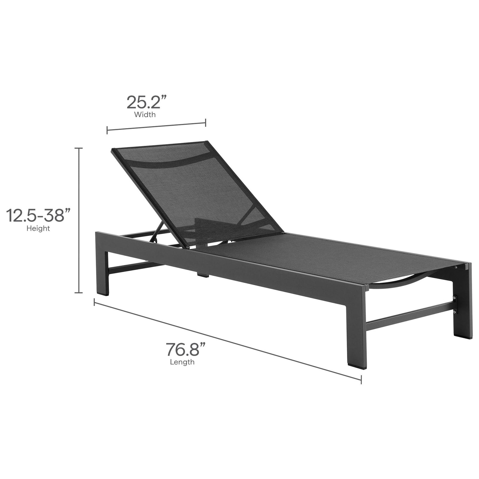 Gray mesh chaise lounge with dimensions of about 25 inches wide, 76.8 inches long, and 12.5 to 38 inches high || EEI-7235-GRY || dimension_studio