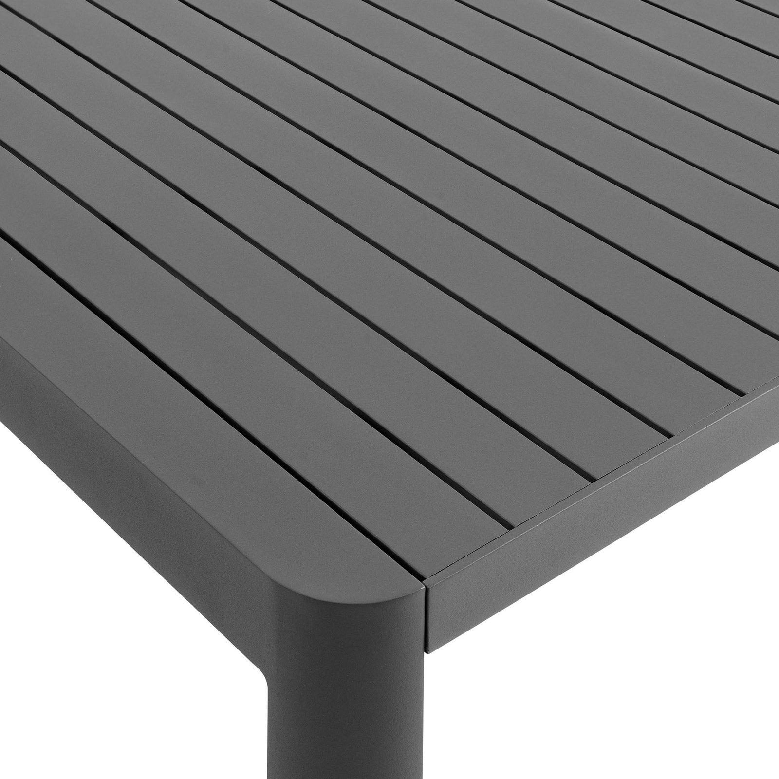 Slatted gray tabletop with smooth powder-coated aluminum finish for easy outdoor care. || EEI-7236-GRY || swatch_studio