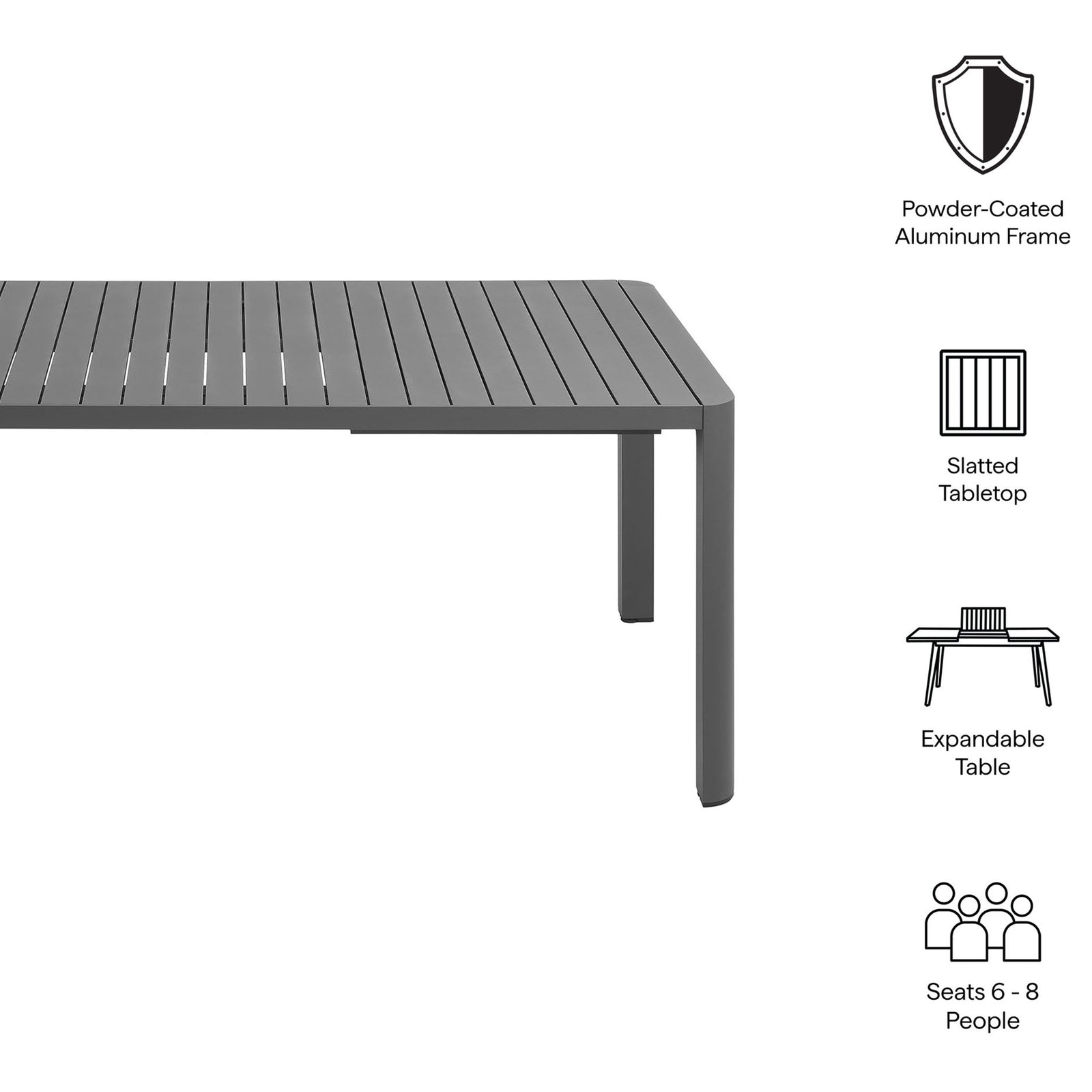 Graphic highlights Tahoe table features like powder-coated aluminum frame and slatted top. || EEI-7236-GRY || callout_studio